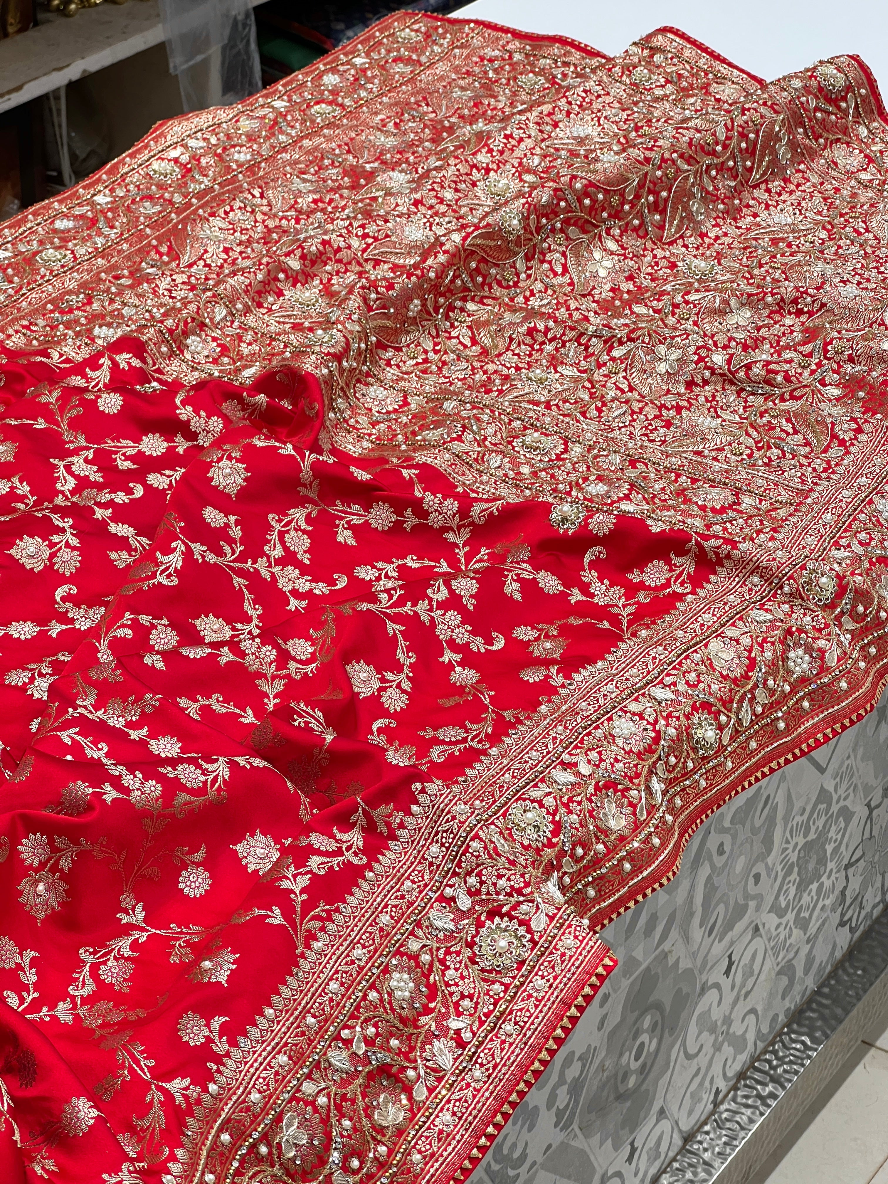 Red Banarasi Upside Down Border Hand Embroidery Saree