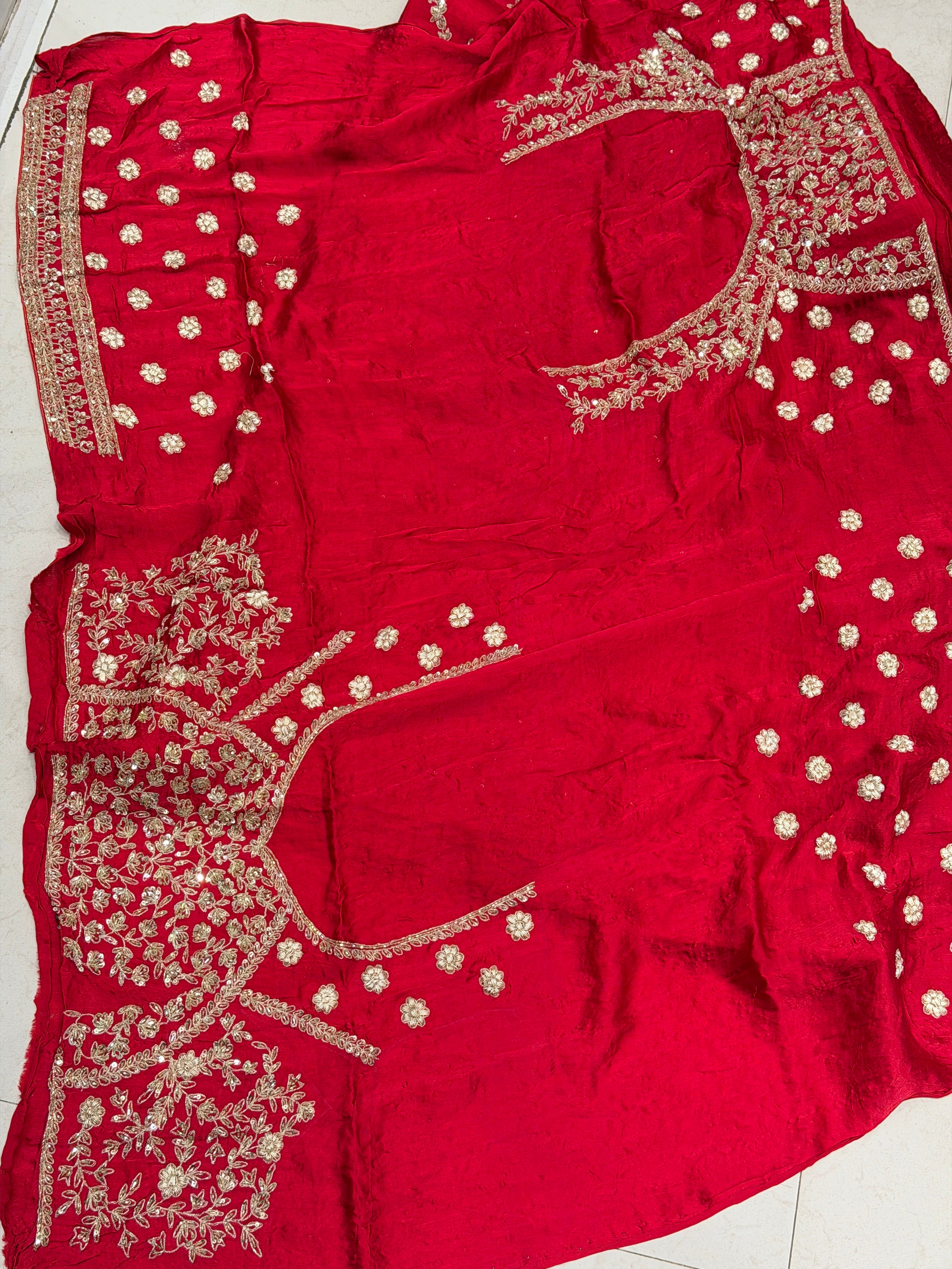 Red Crepe Satin Sabyasachi Inspired Zardosi Jaal Embroidery Saree