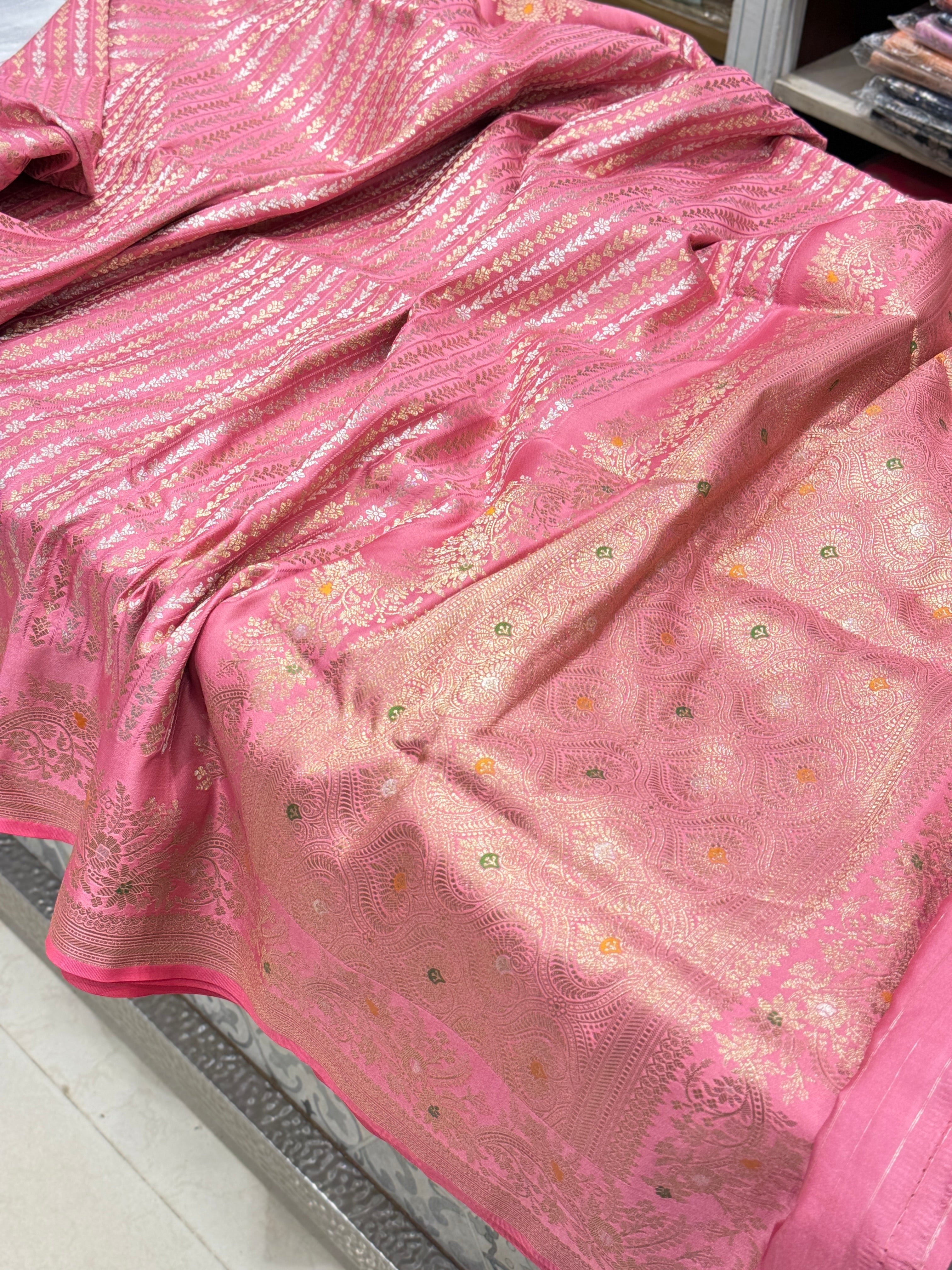 Pink Banarasi Line Weave Saree