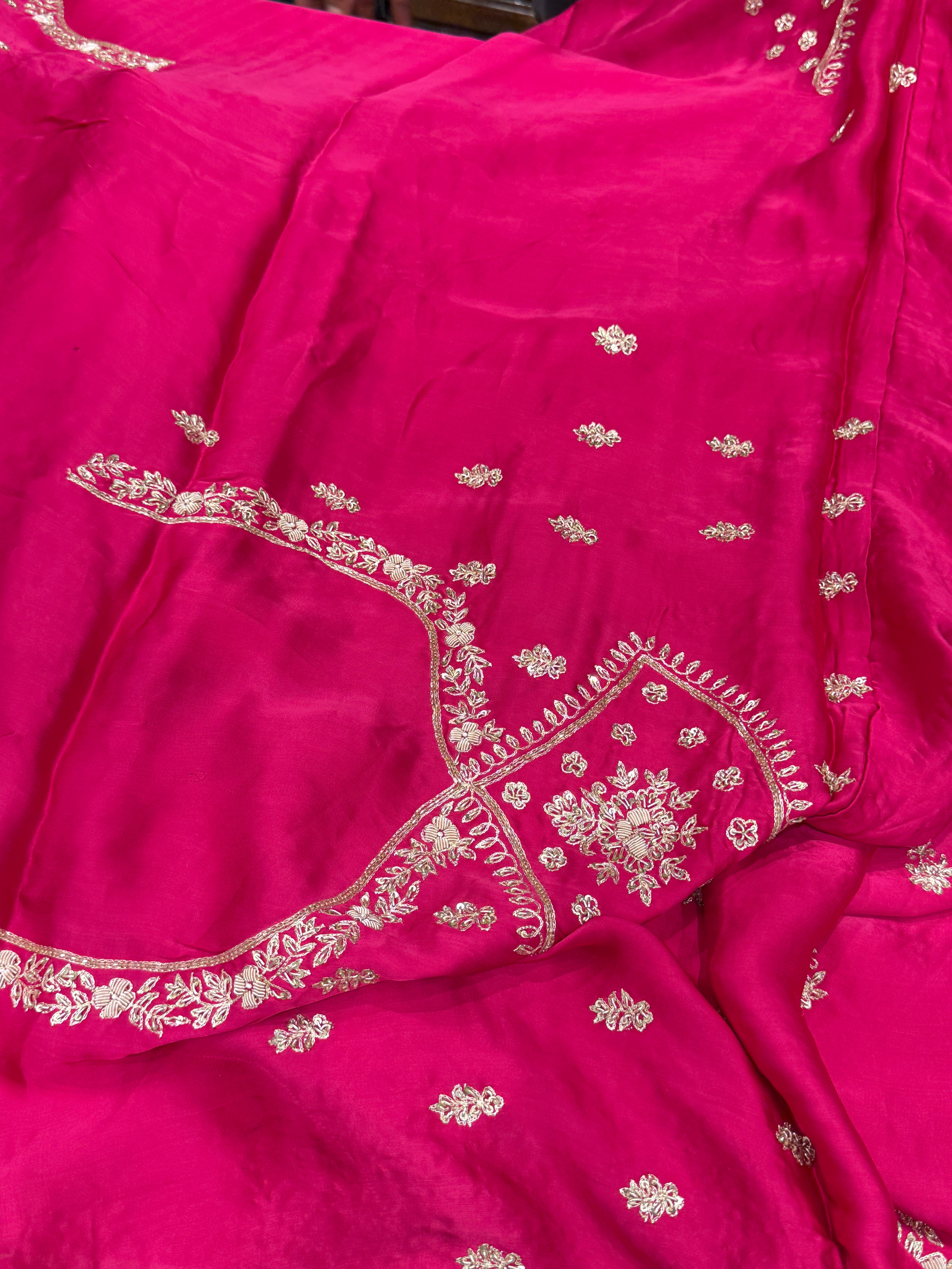 Rani Pink Buttis Satin Hand Embroidery Zardosi Saree