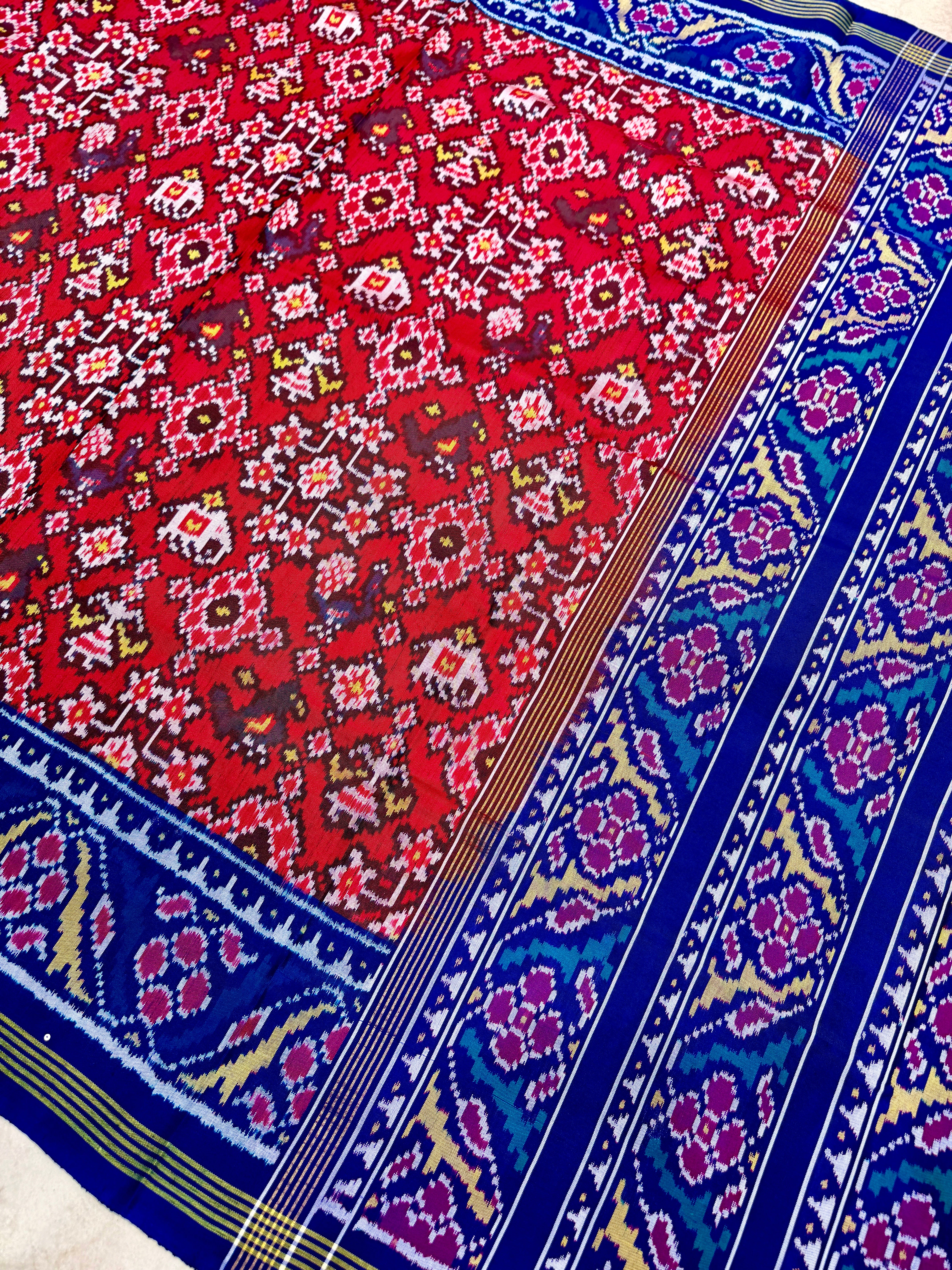 Red Blue Manek Chowk Pure Silk Handloom Patola Saree