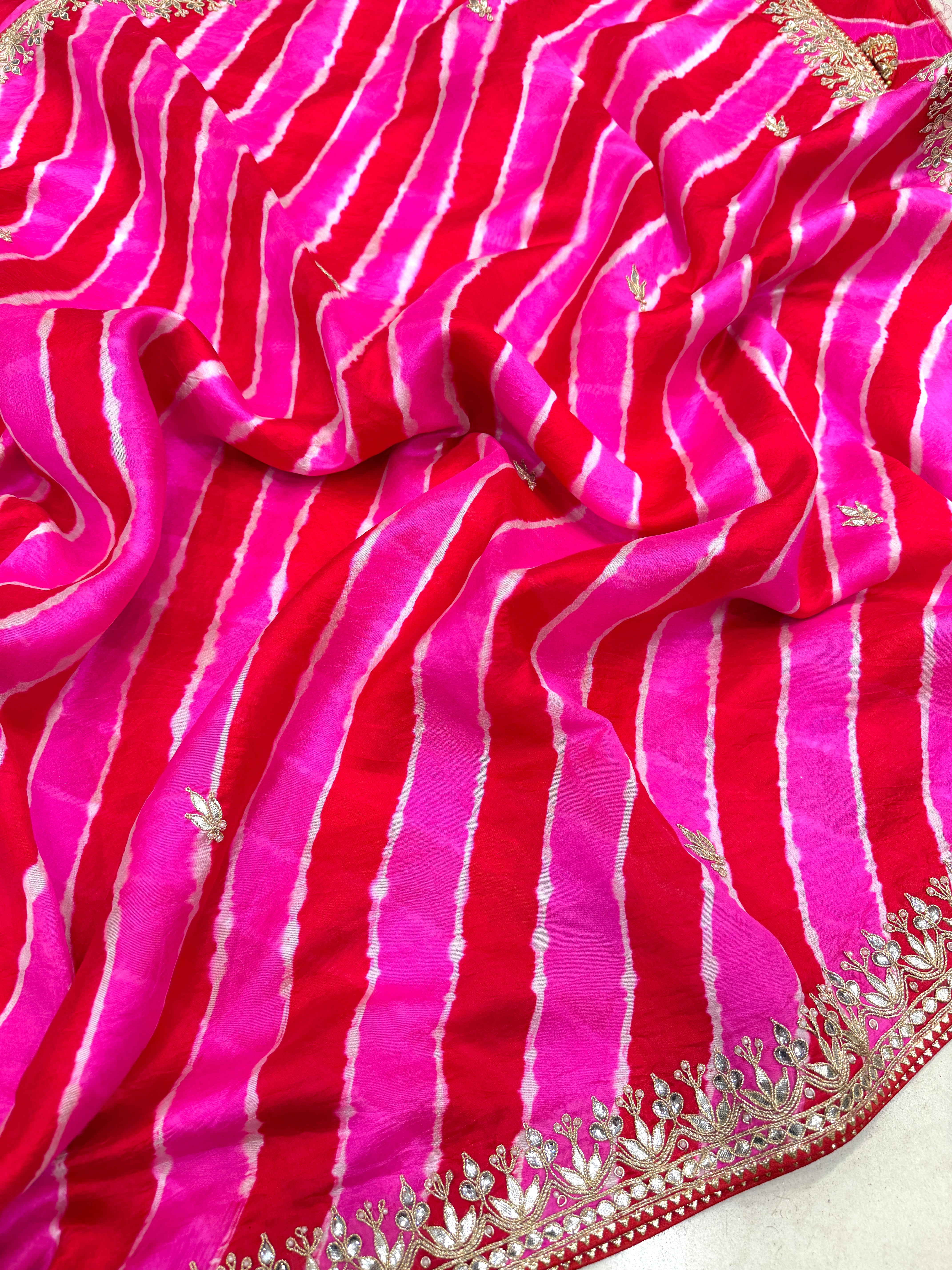 Rani Pink Leheriya Tussor with Gotapatti Embroidery Saree