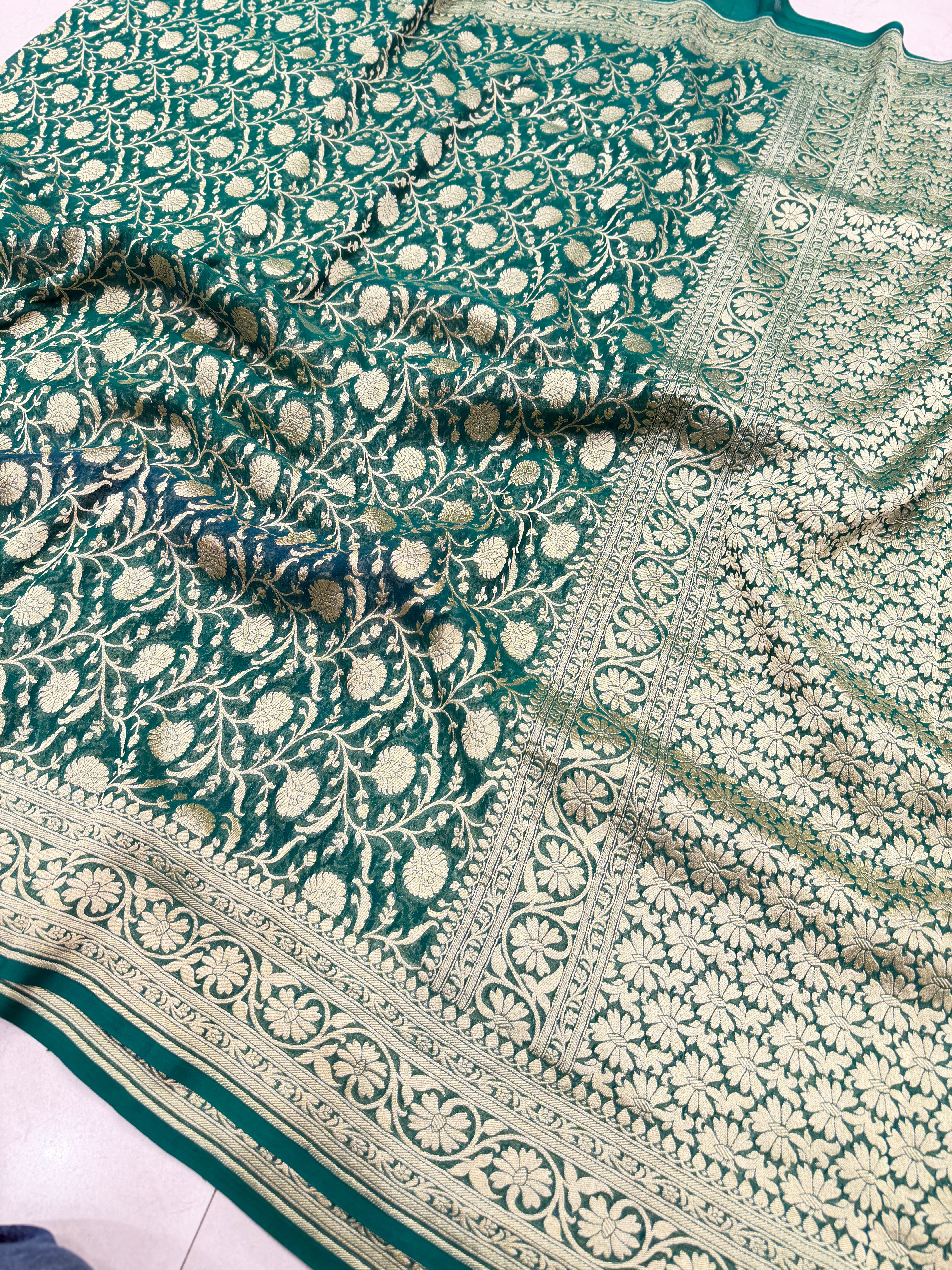Bottle Green Mughal Jaal Handloom Banarasi Khaddi Georgette Saree