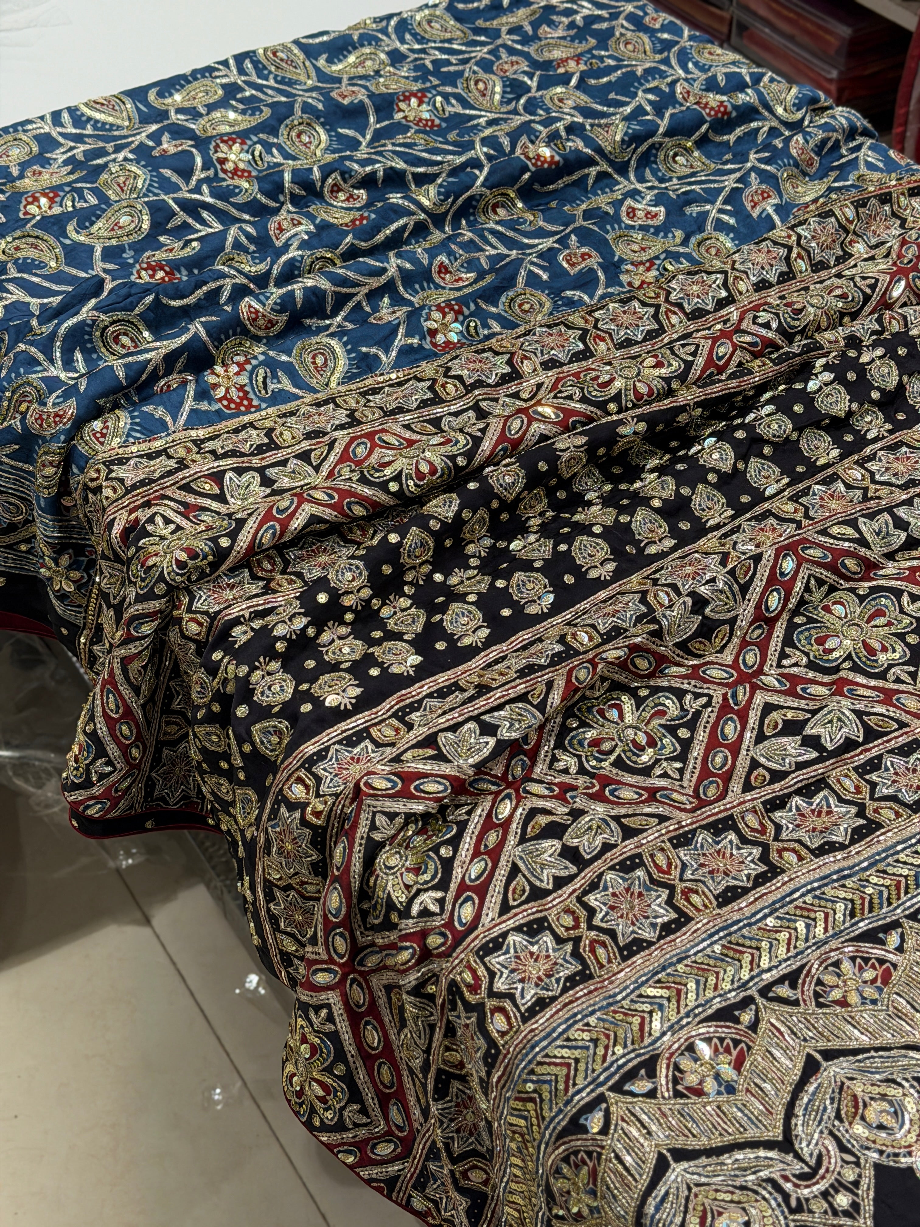 Blue Keri Jaal Pita Sequin Ajrakh Hand Embroidery Saree