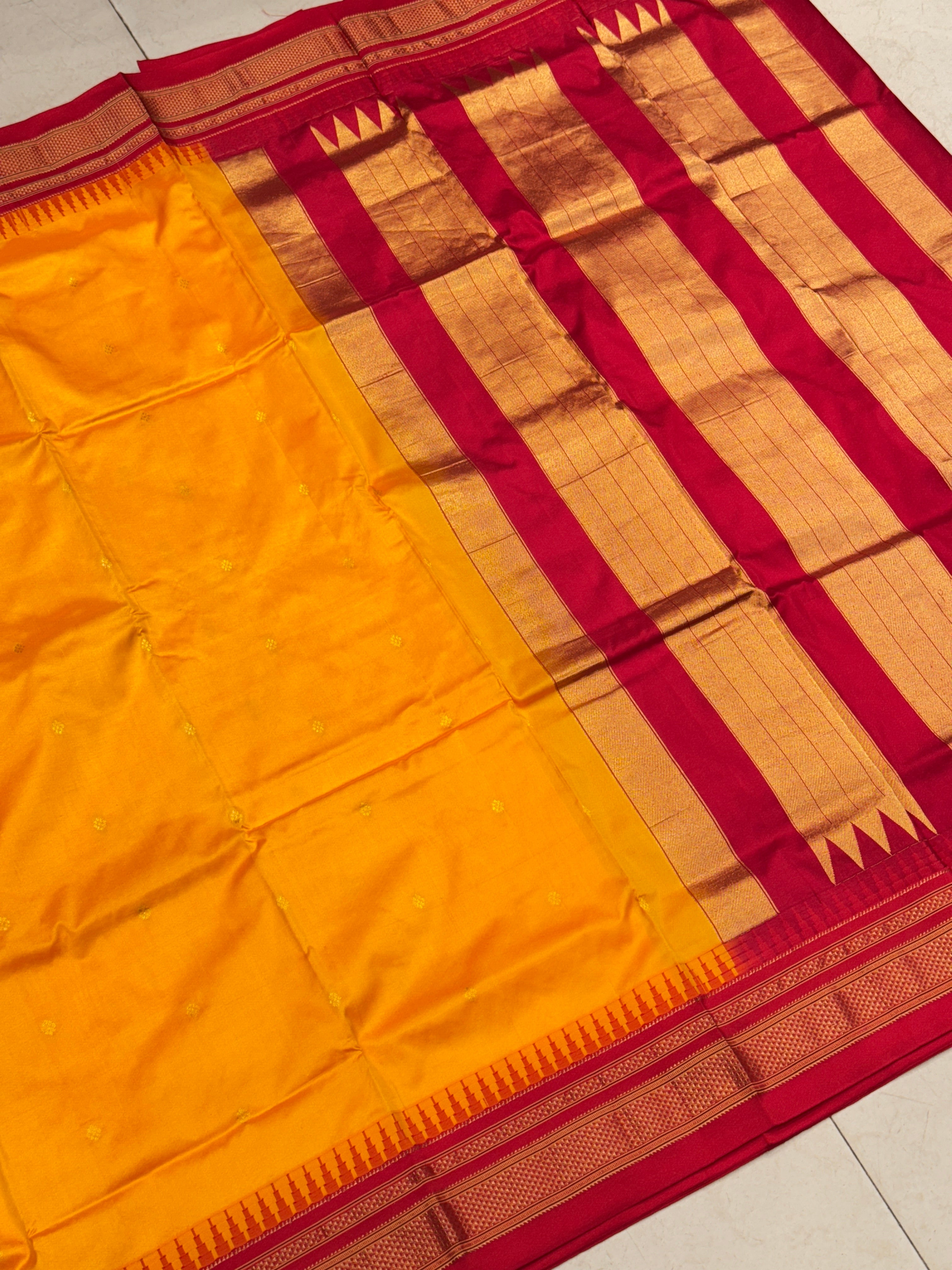 Mustard Yellow Red Silk Saree