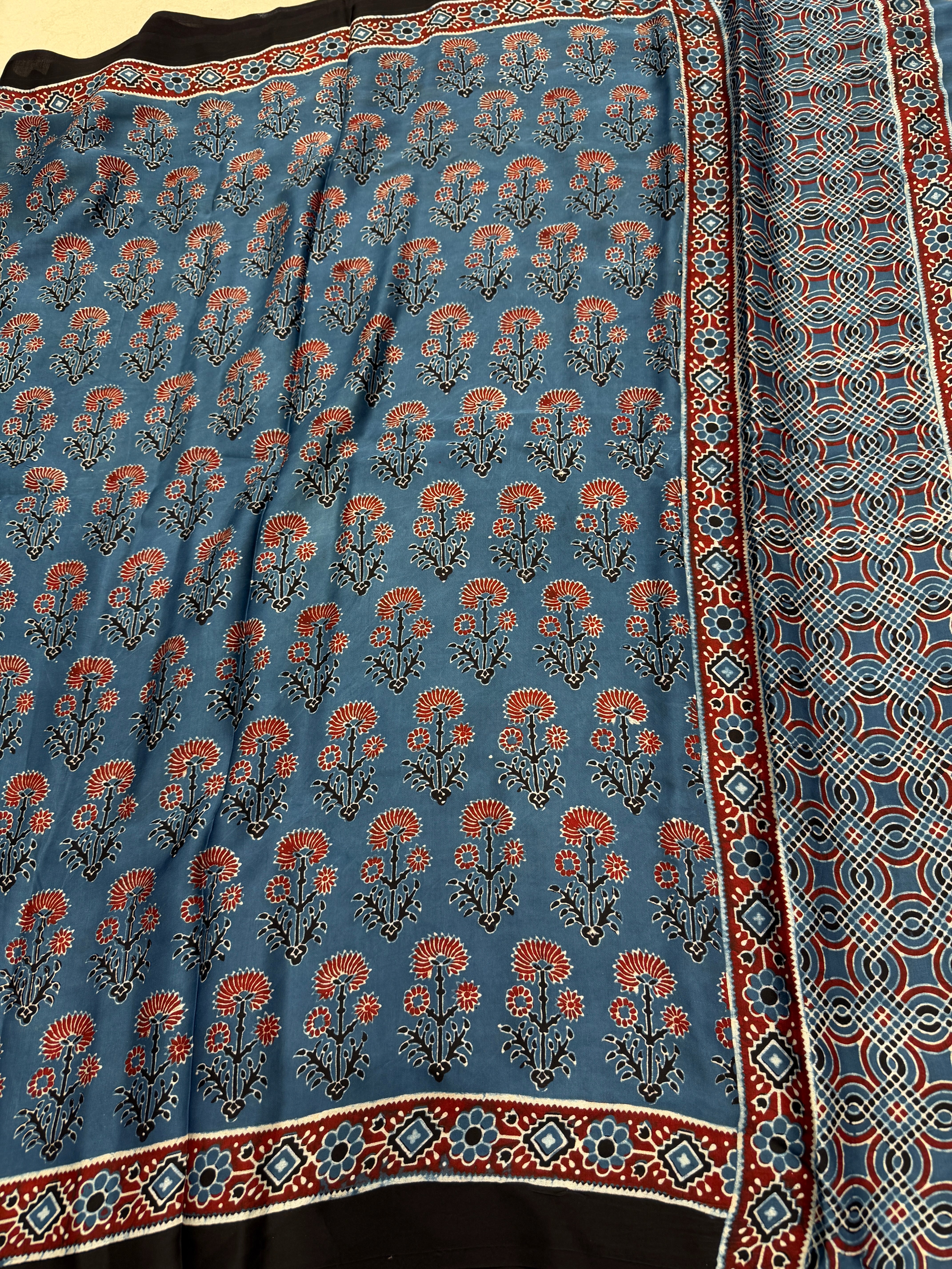 Blue Buttas Ajrakh Hand Block Print Pure Gajji Silk Saree