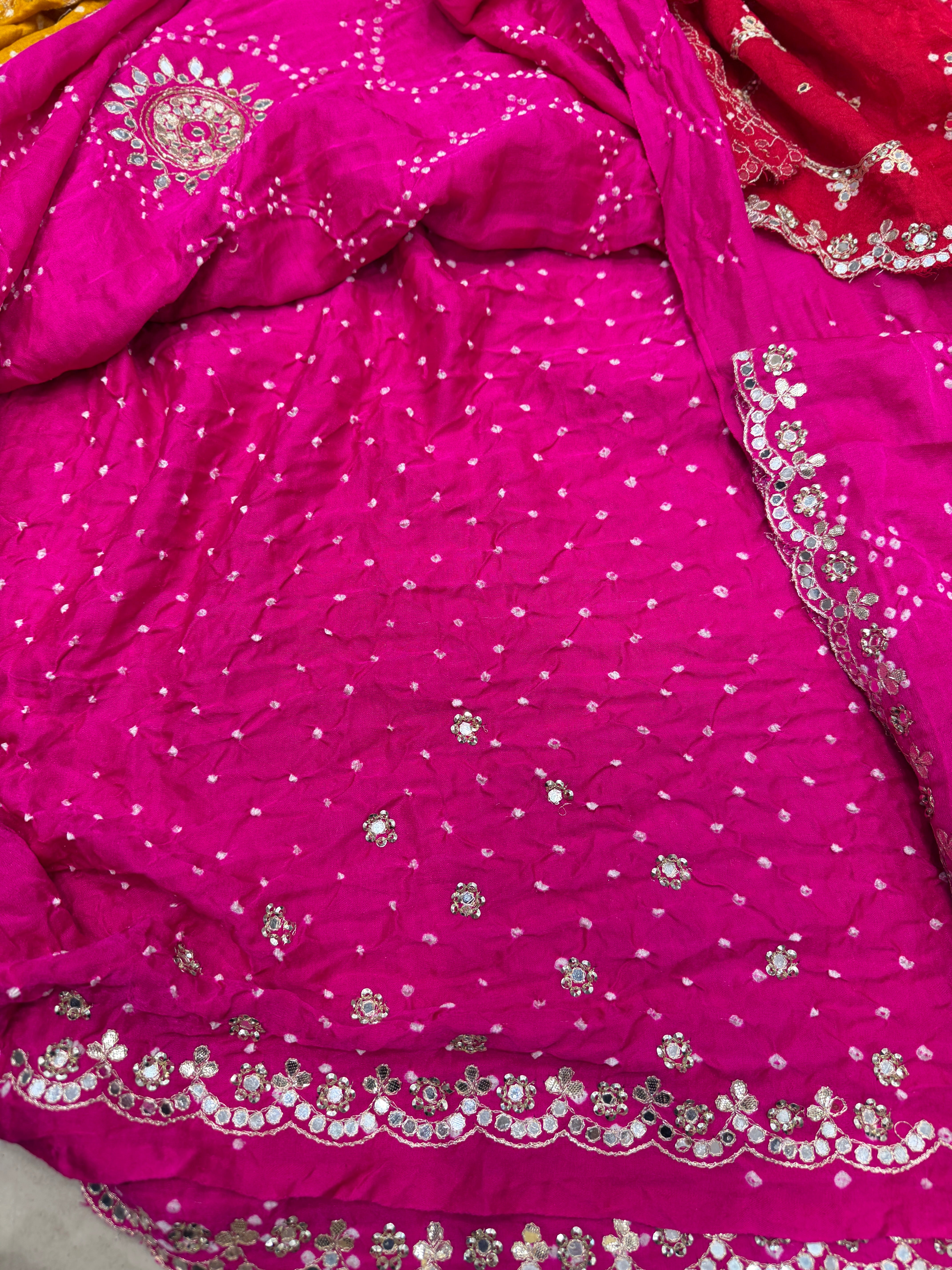 Yellow Rani Gajji Silk Rai Bandhej Tila Hand Embroidery Saree