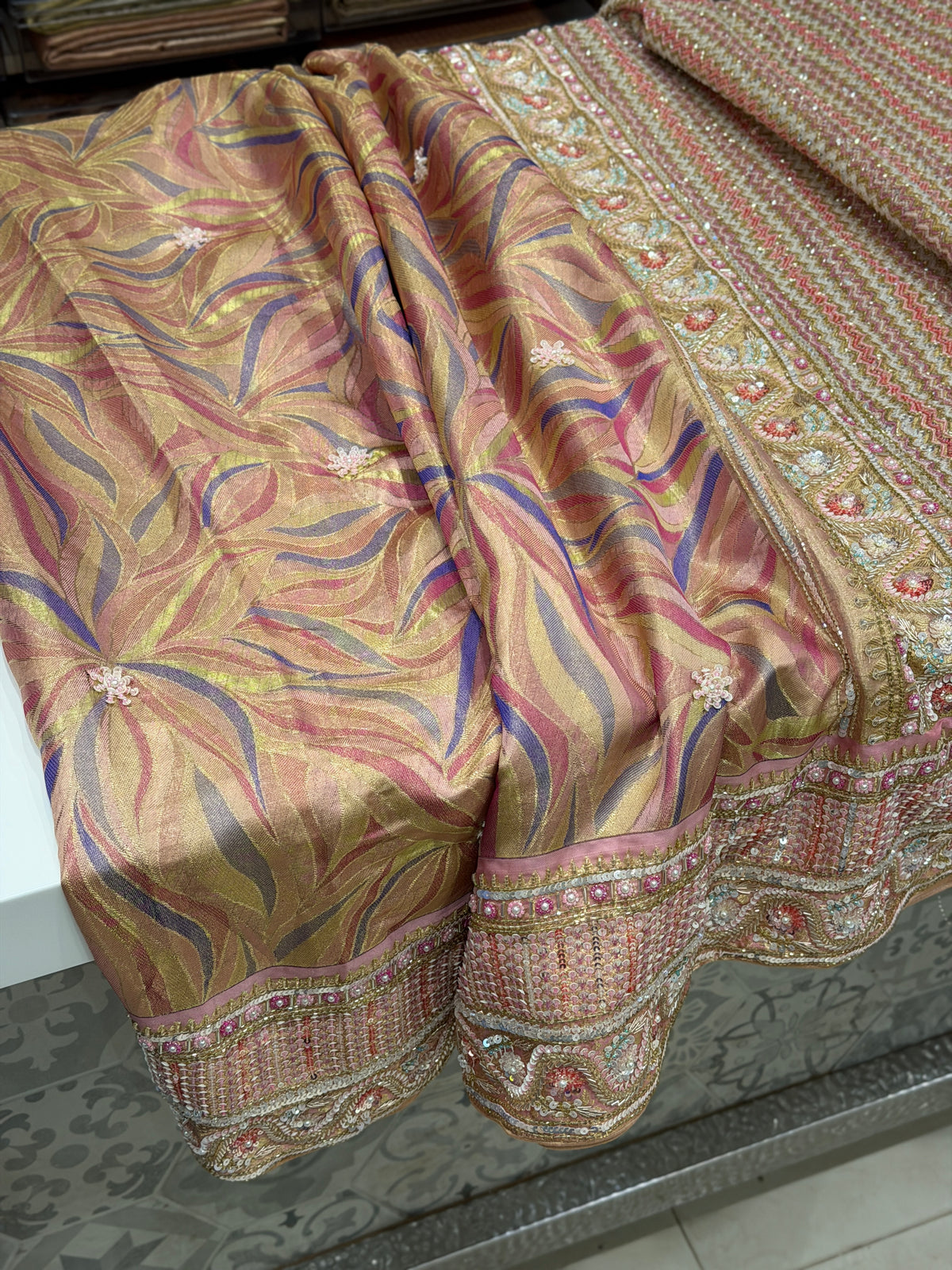 Pink Rangkat Kanjivaram Moti Zardosi Hand Embroidery Saree