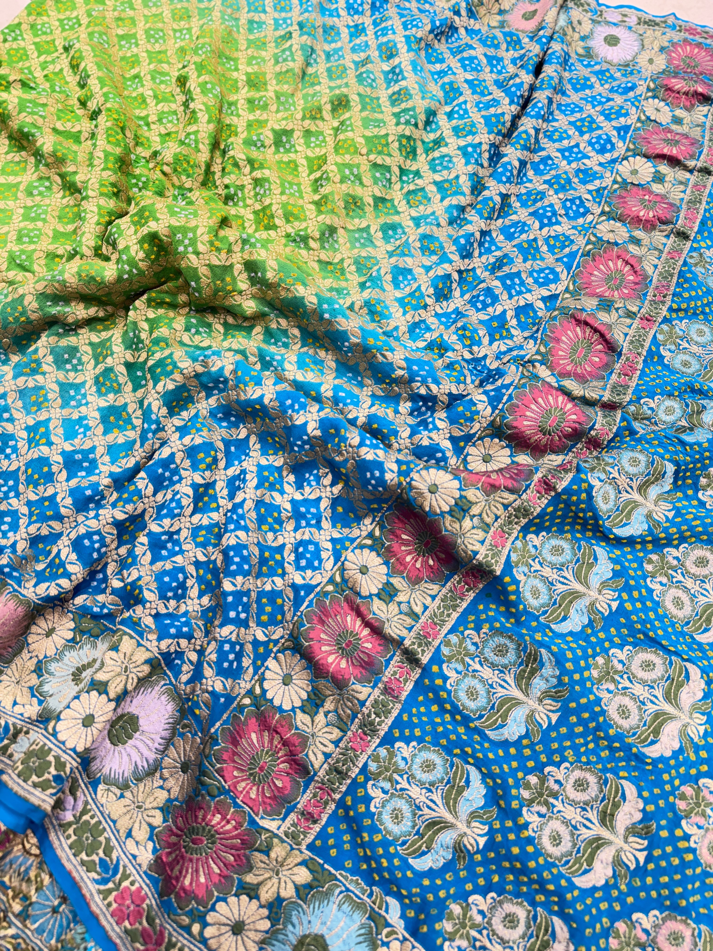 Jhanvi Kapoor Inspired Meenakari Floral Border Rai Bandhej Saree