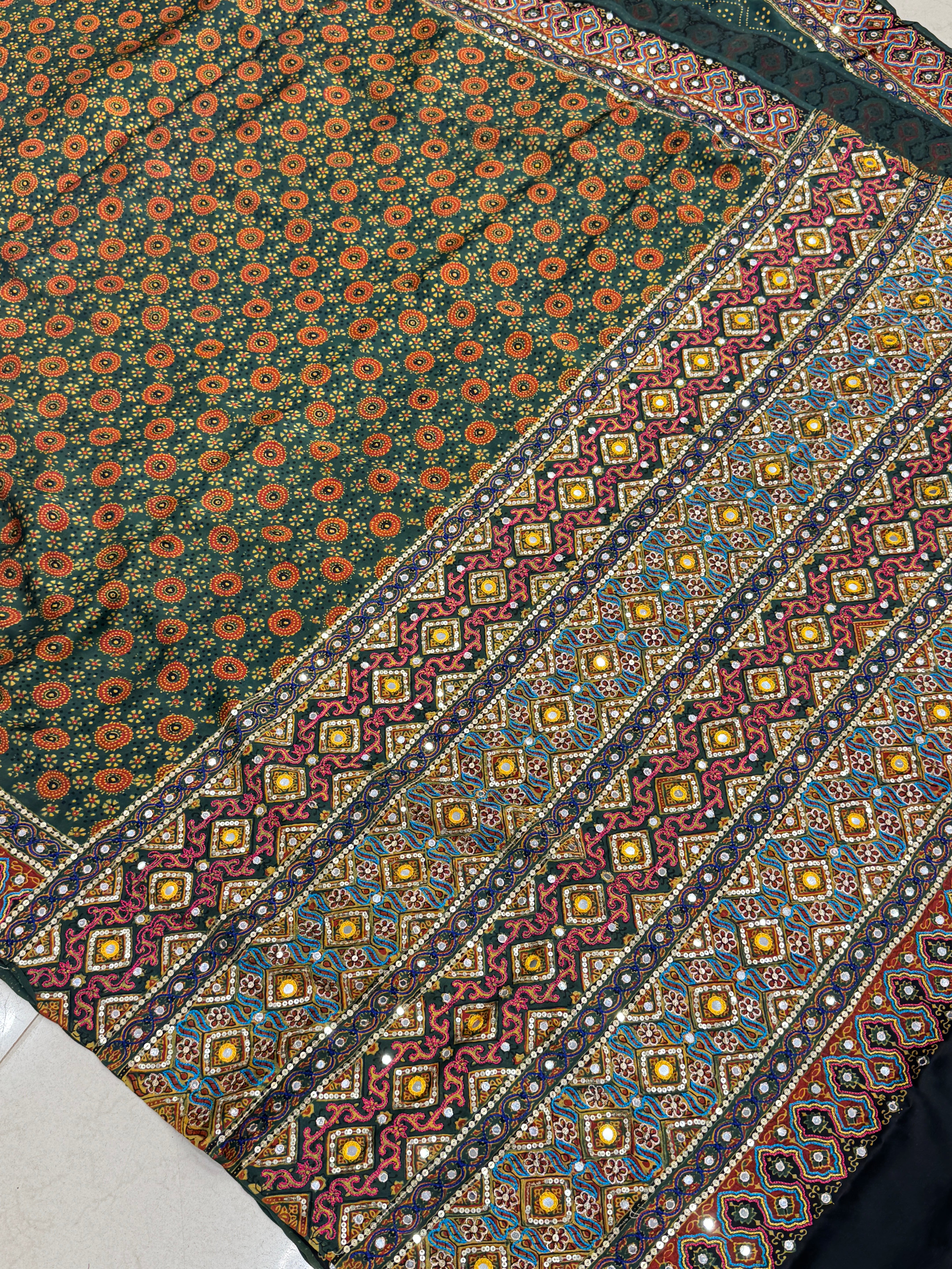 Green Kutchi Hand Embroidery Ajrakh Saree