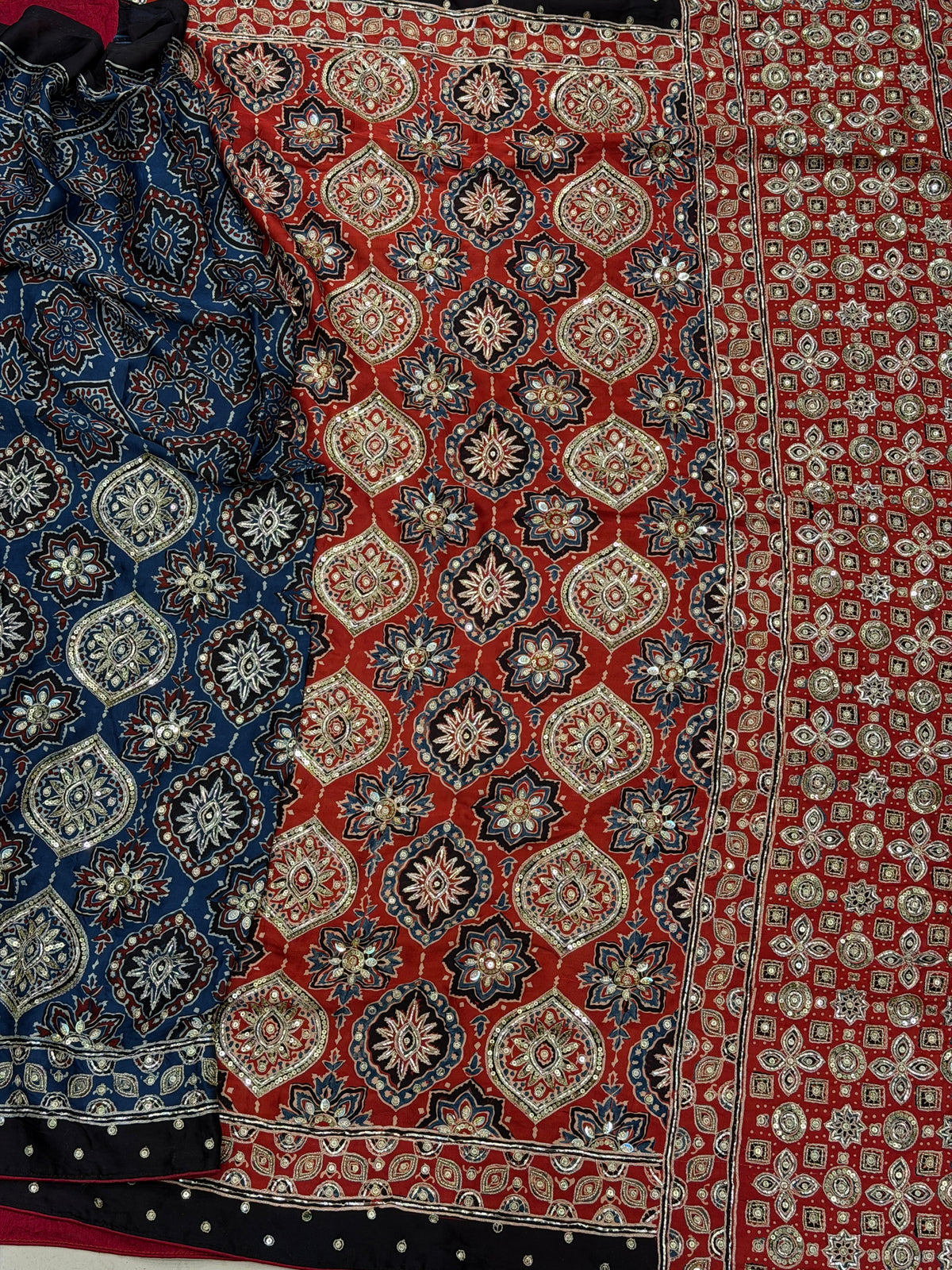 Red Blue Half Half Badam Jaal Pita Zardosi Sequin Ajrakh Hand Embroidery Saree