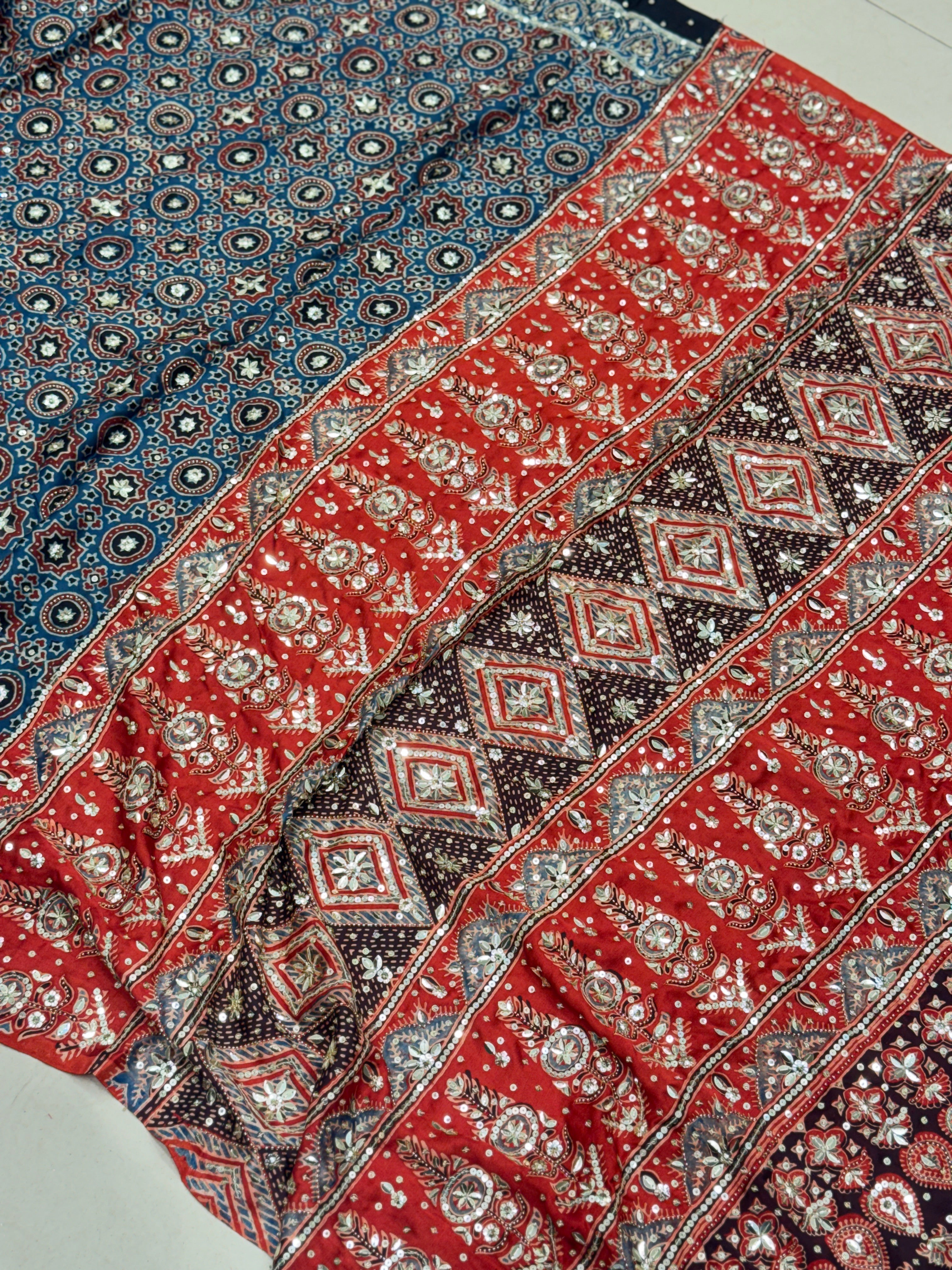 Blue Red Four Square Moti Sequin Ajrakh Hand Embroidery Saree