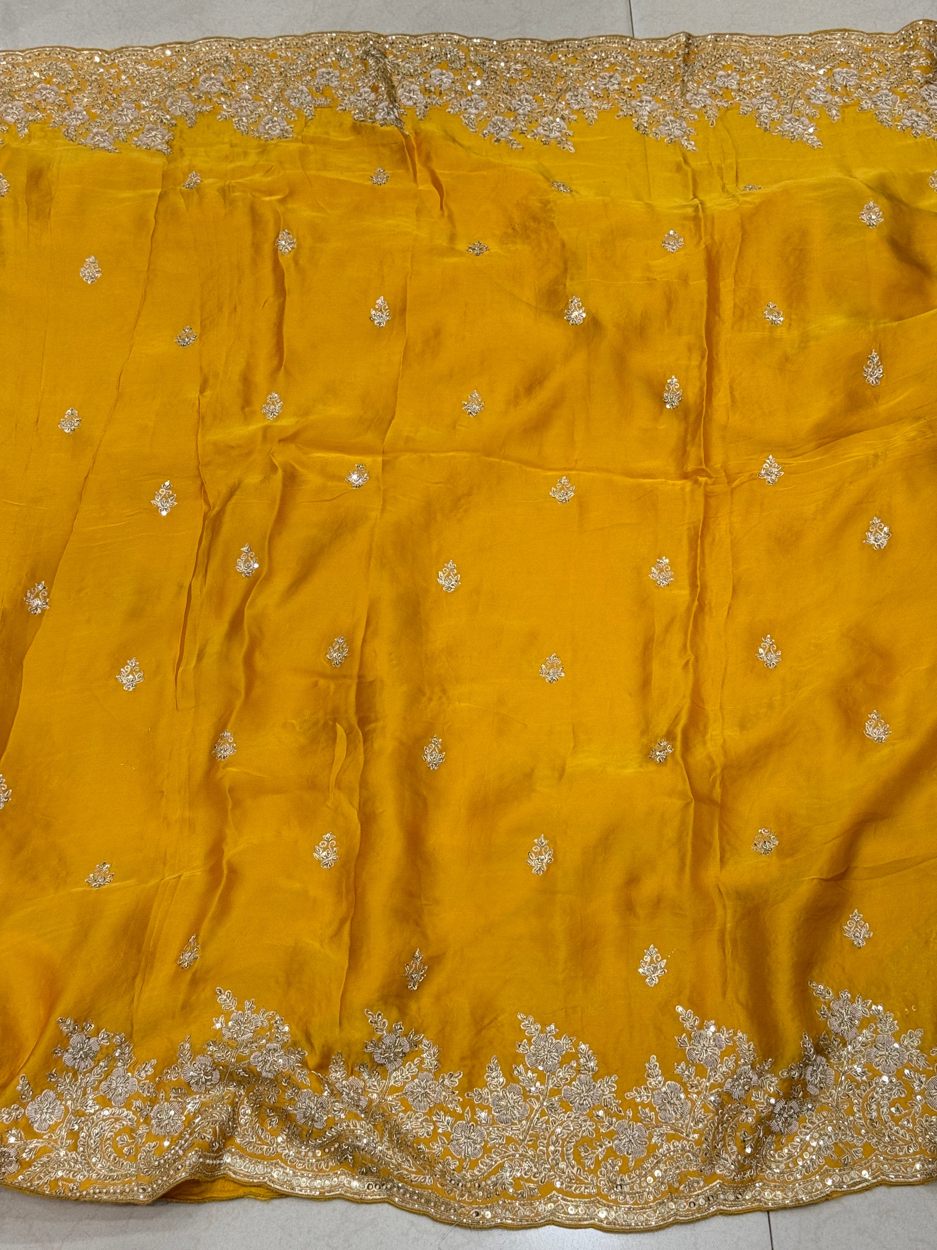Mustard Yellow Buttis Pure Satin Hand Embroidery Zardosi Saree