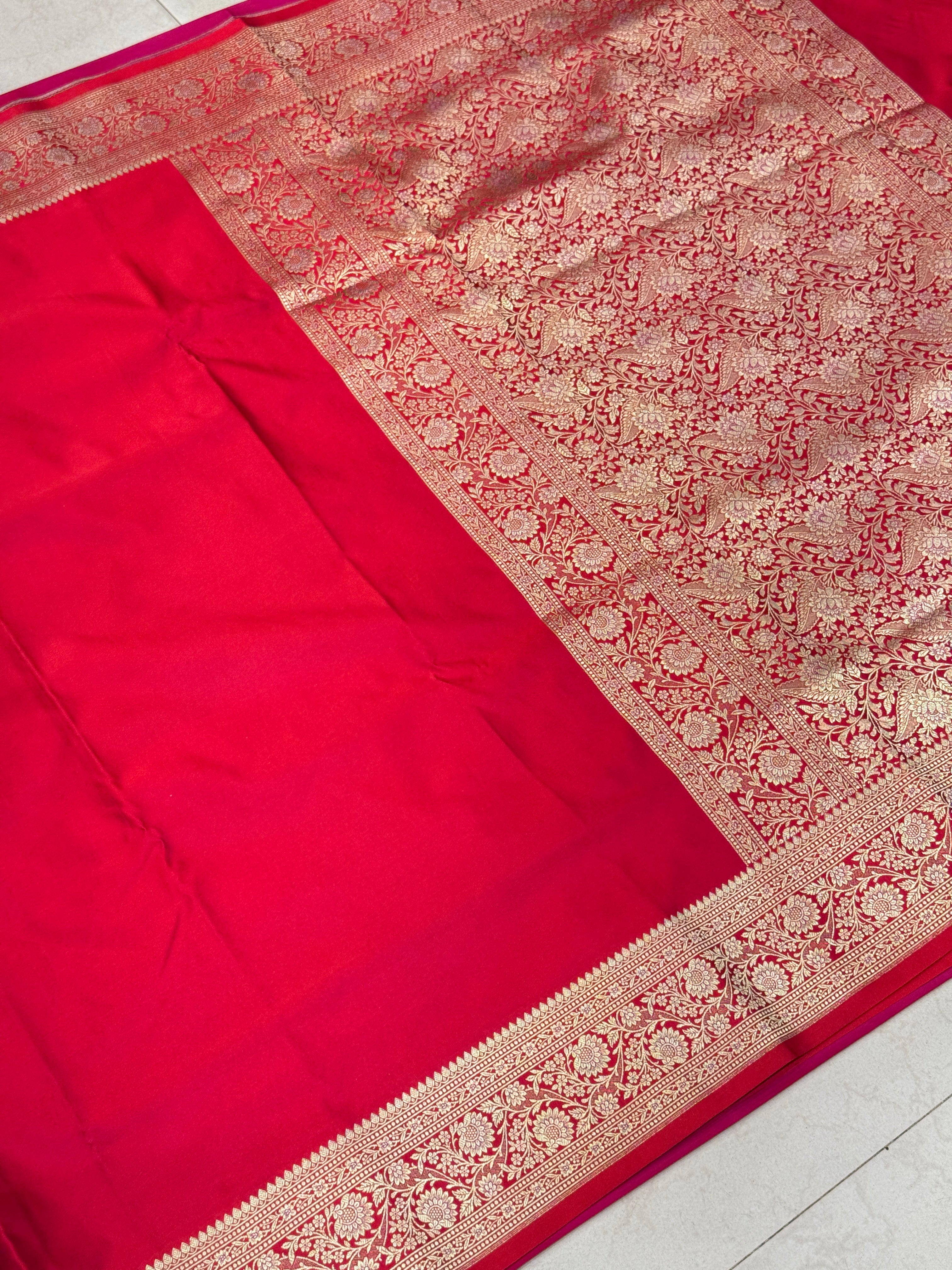 Red Banarasi Silk Plain Upside Down Border Saree