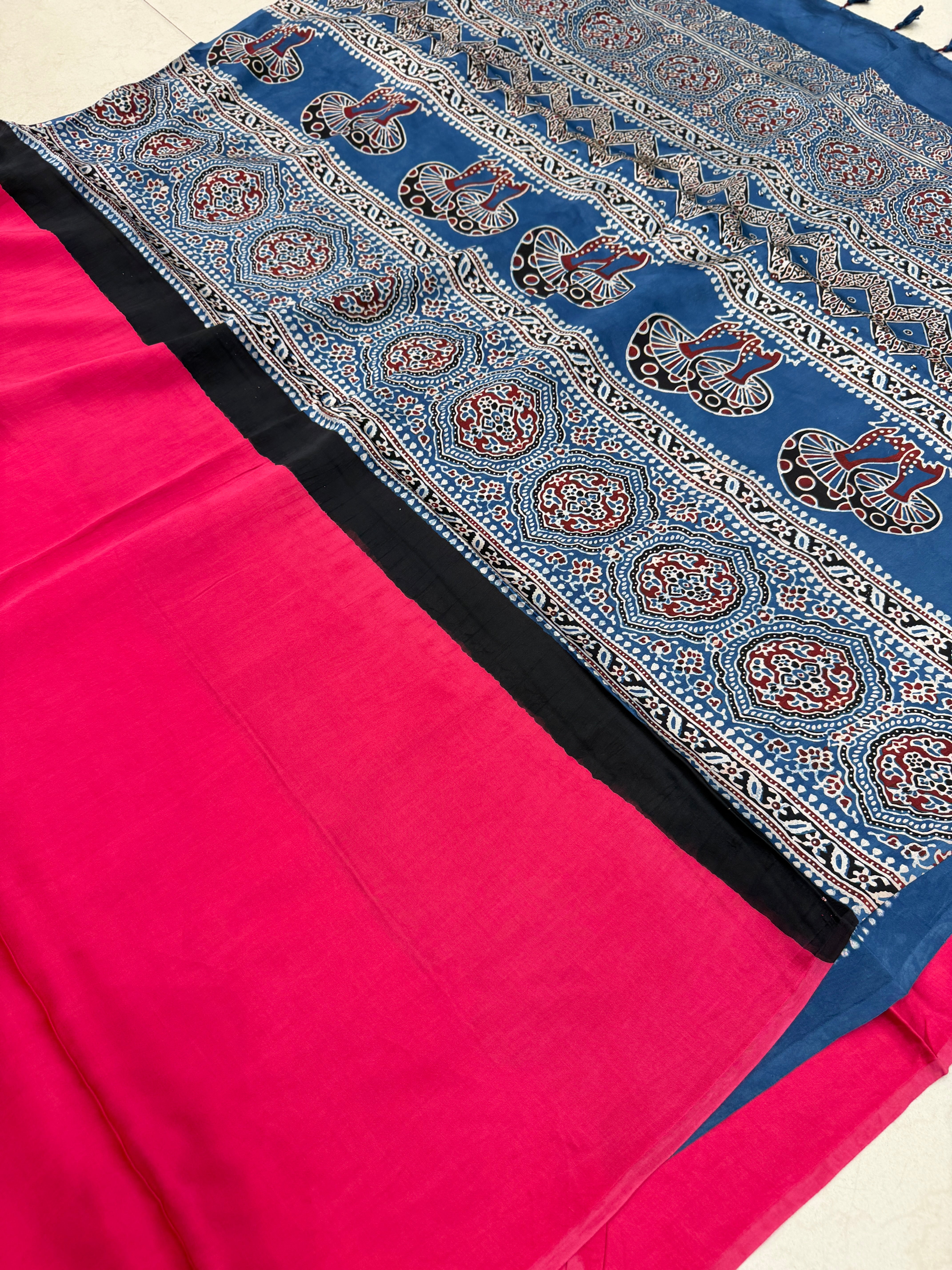 Rani Gala Ajrakh Block Print Hand Pure Gajji Silk Saree