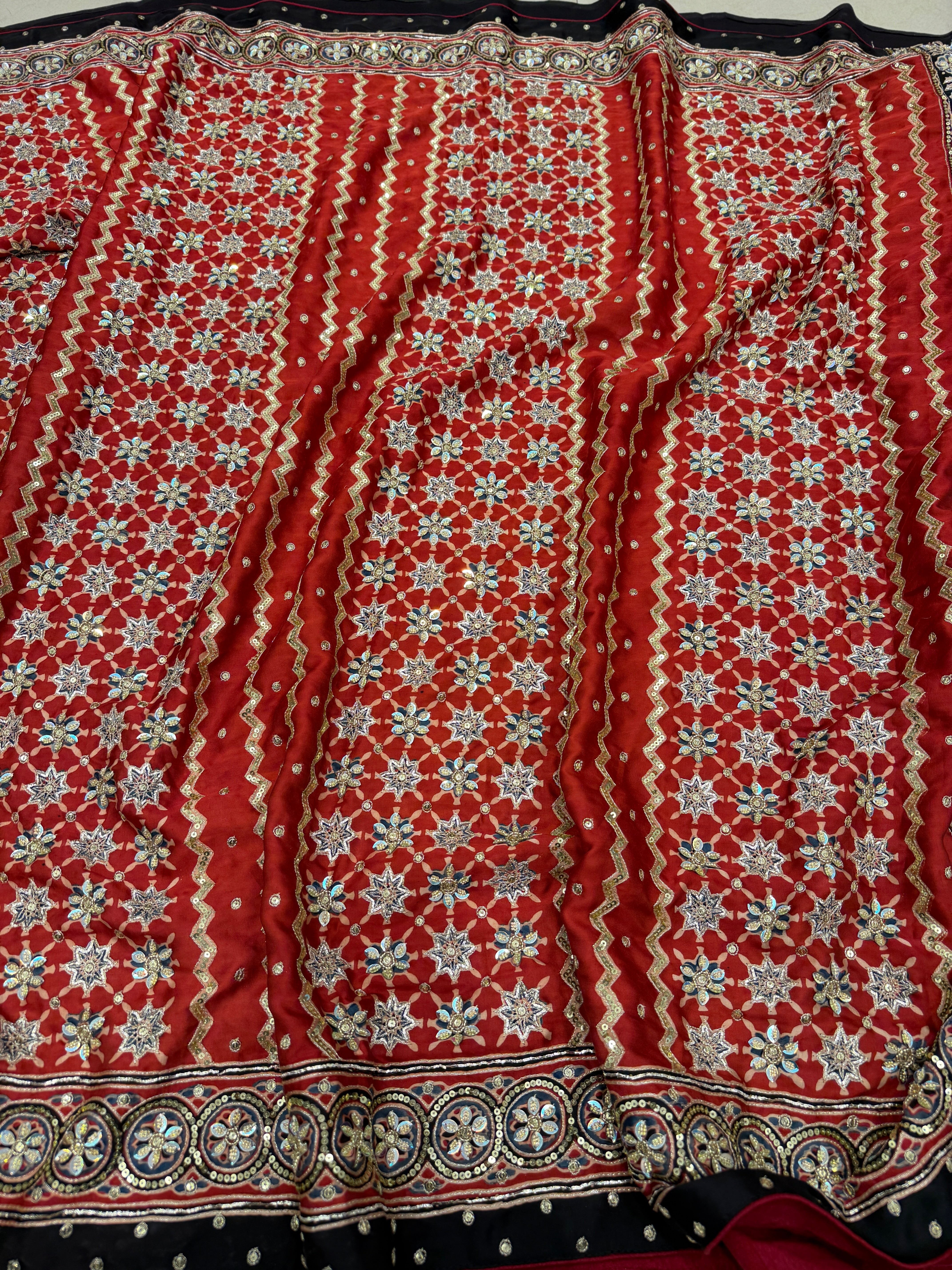 Red Black Jaal Pita Sequin Ajrakh Hand Embroidery Saree