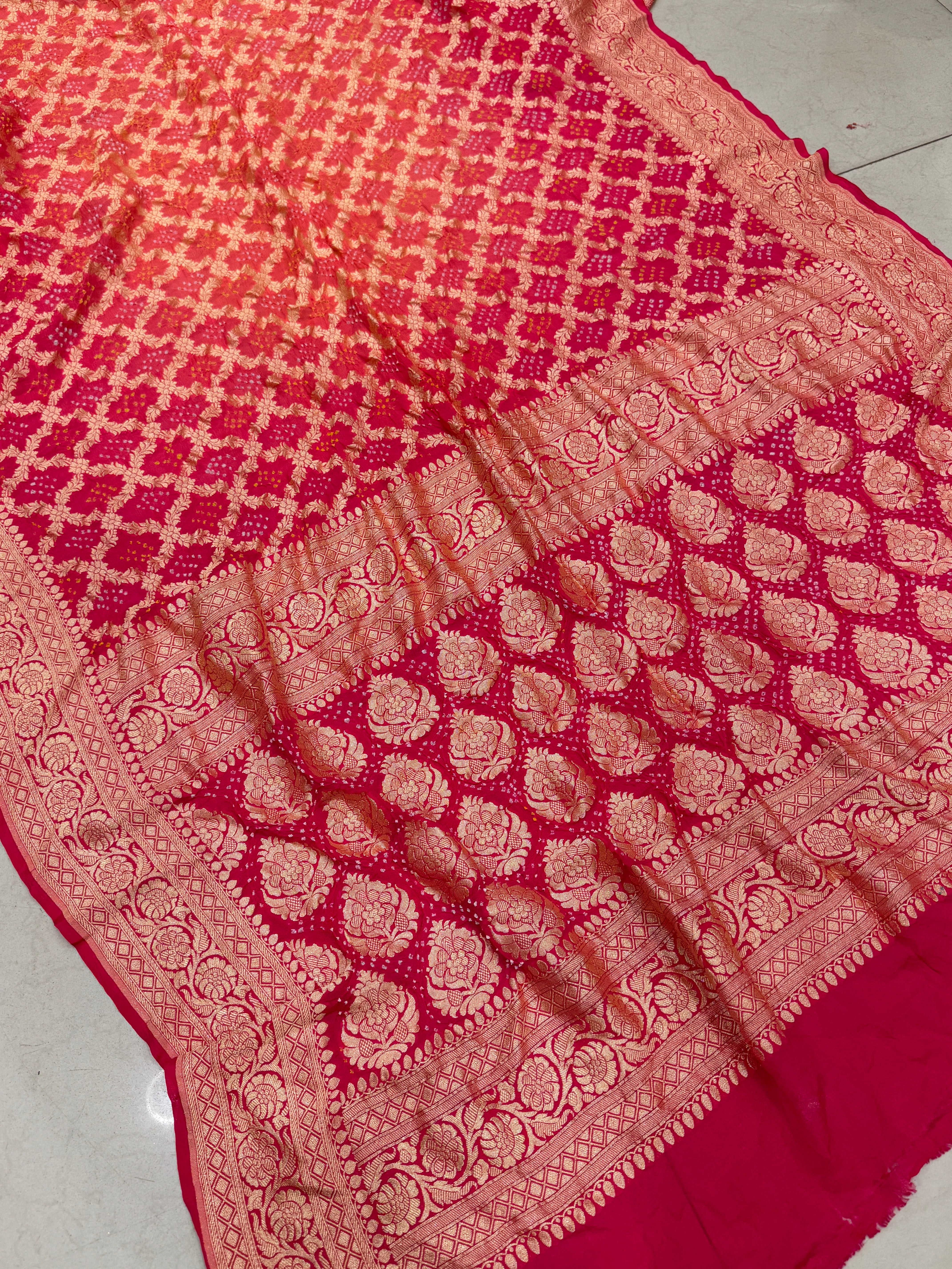 Strawberry Peach Shaded Bandhej Bandhini Saree