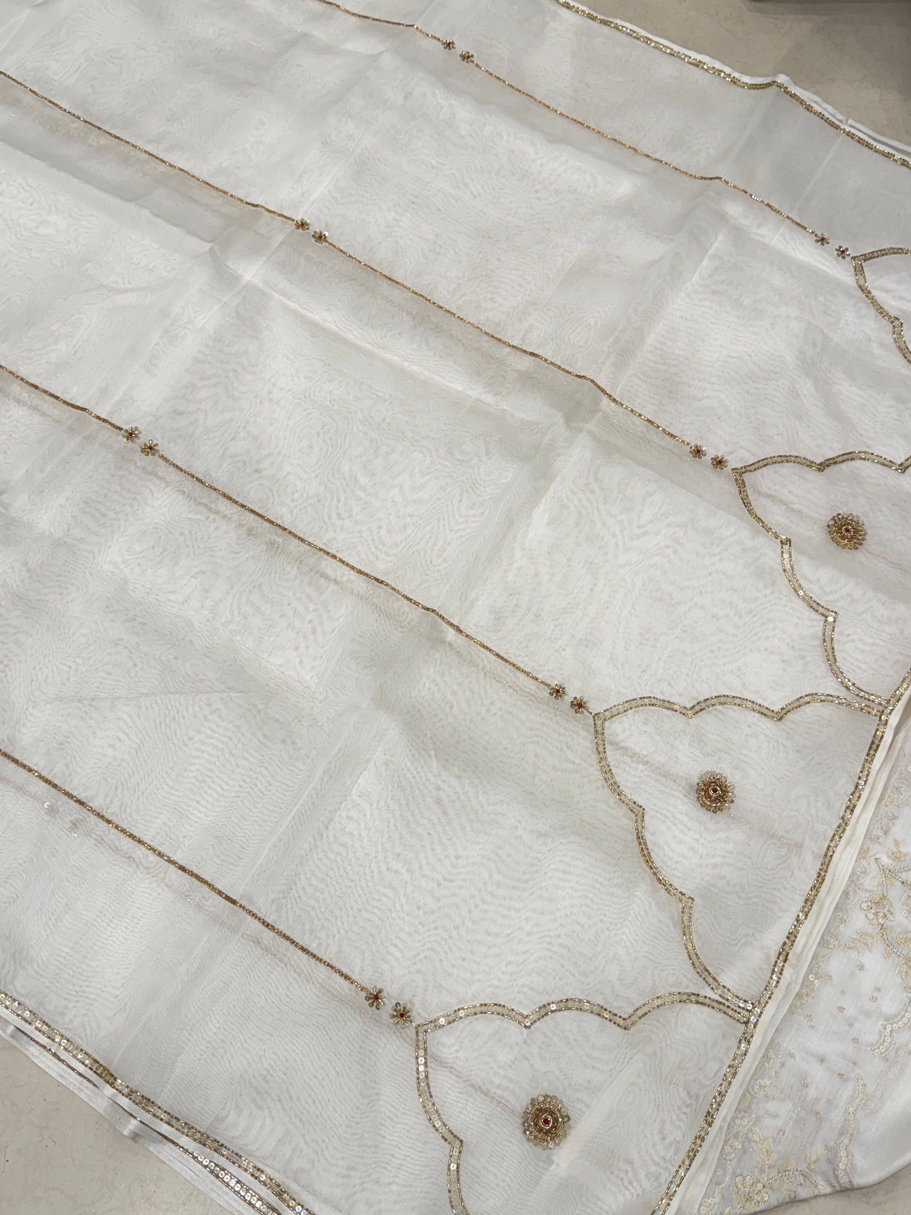 White Pure Organza Raw Mango Inspired Contemporary Zardodi Moti Sequin Hand Embroidery Saree