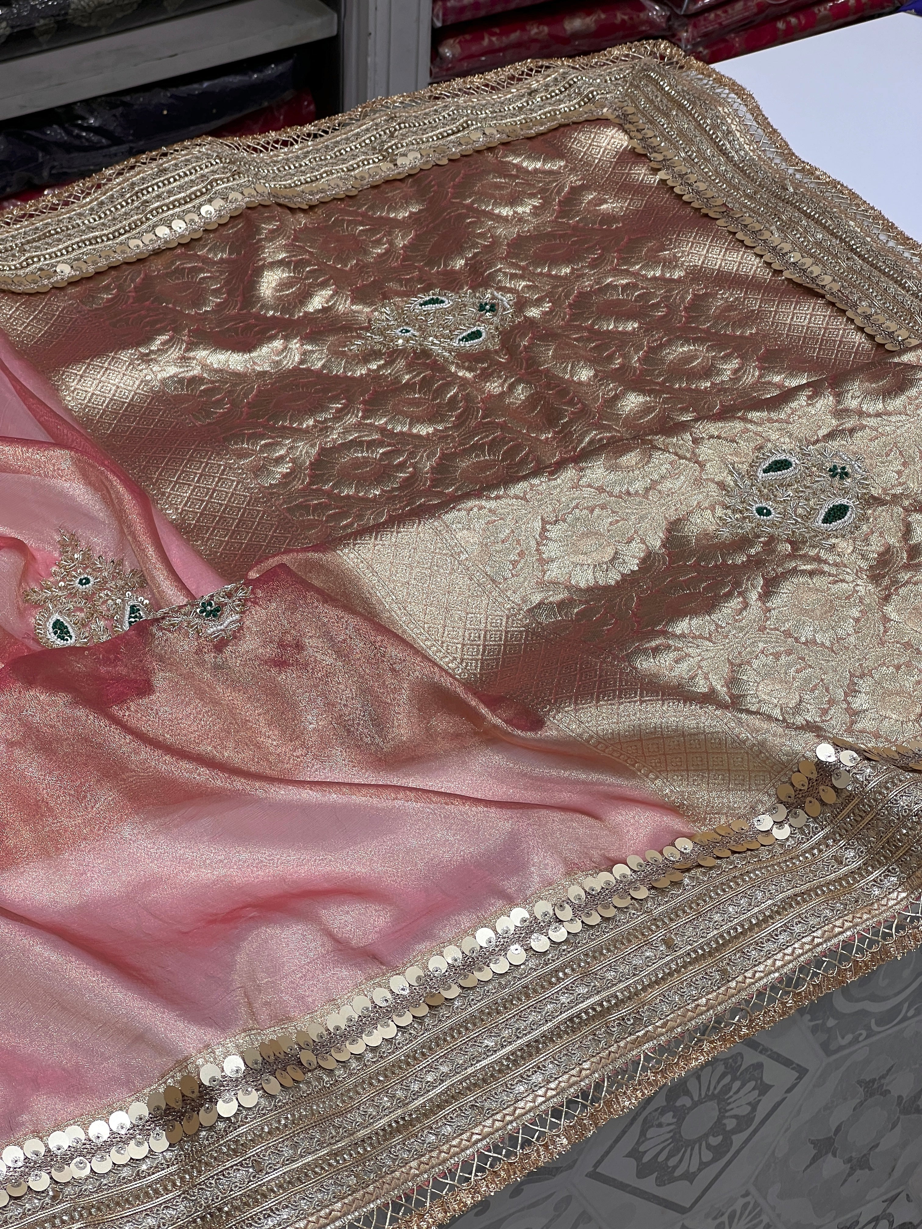 Reddish Pink Tissue Zardozi Butta Saree