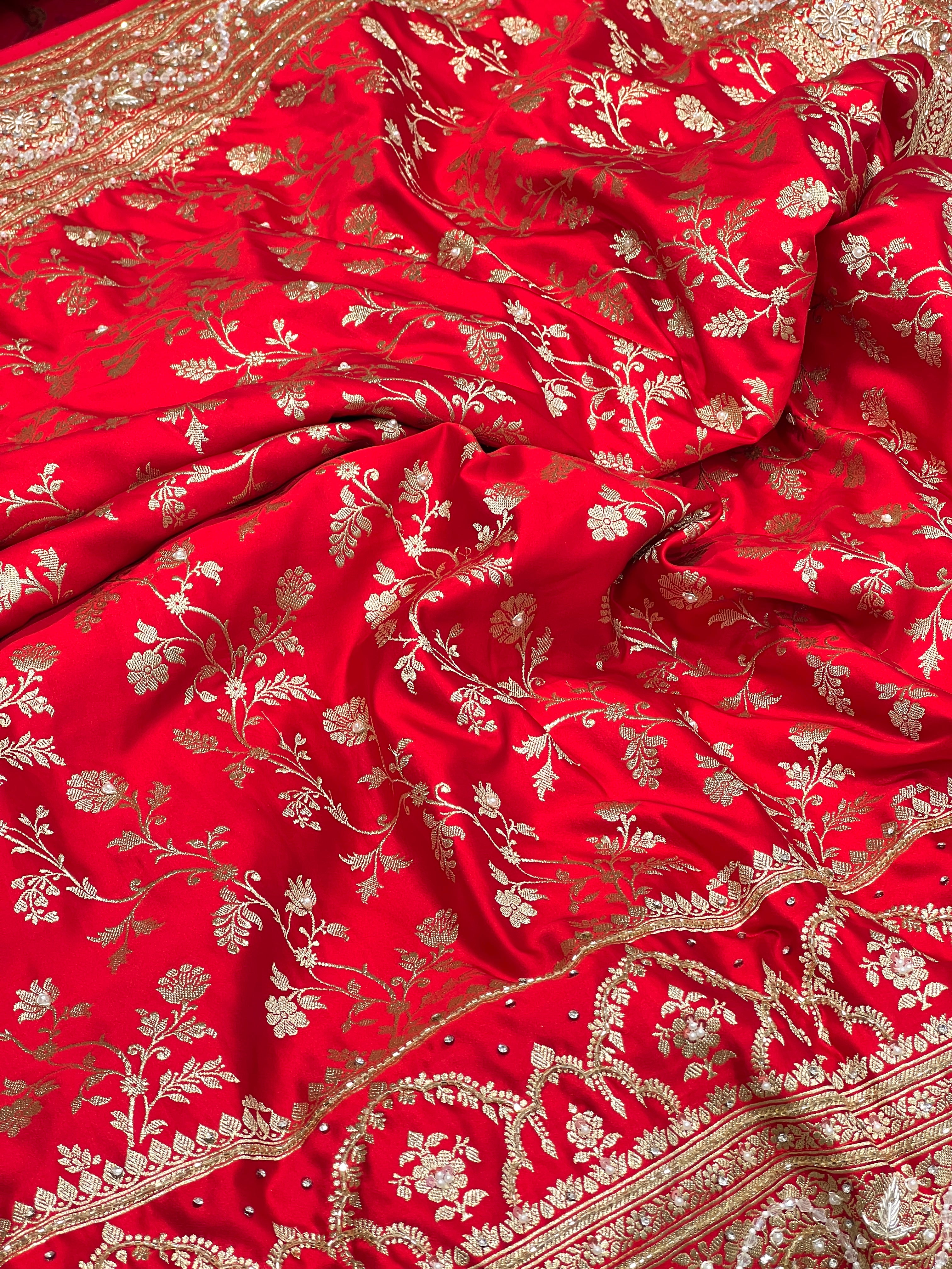 Red Banarasi Chain Hand Embroidery Saree 3.0