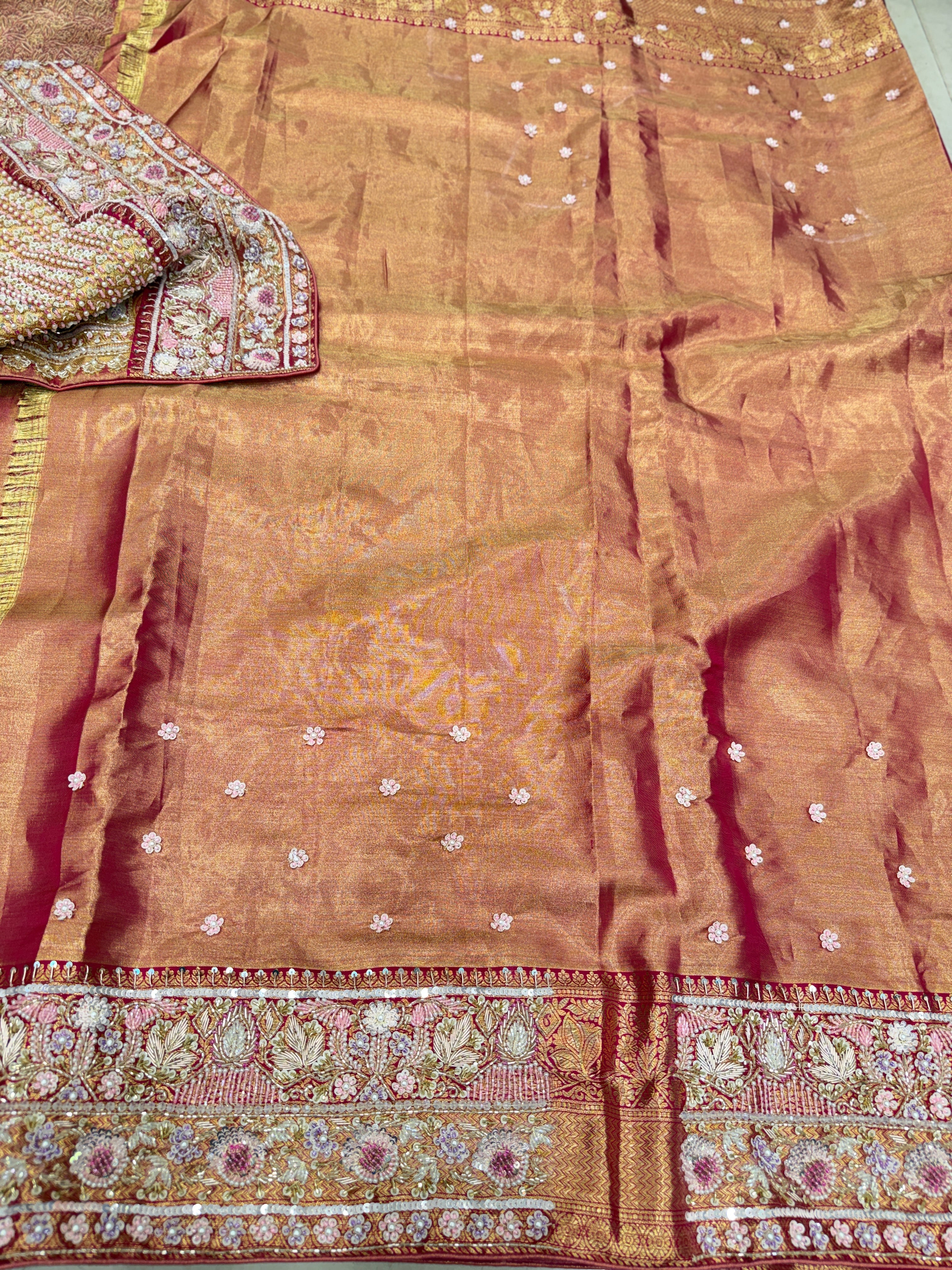 Rani Pink Golden Tissue Kanjivaram Moti Zardosi Hand Embroidery Saree
