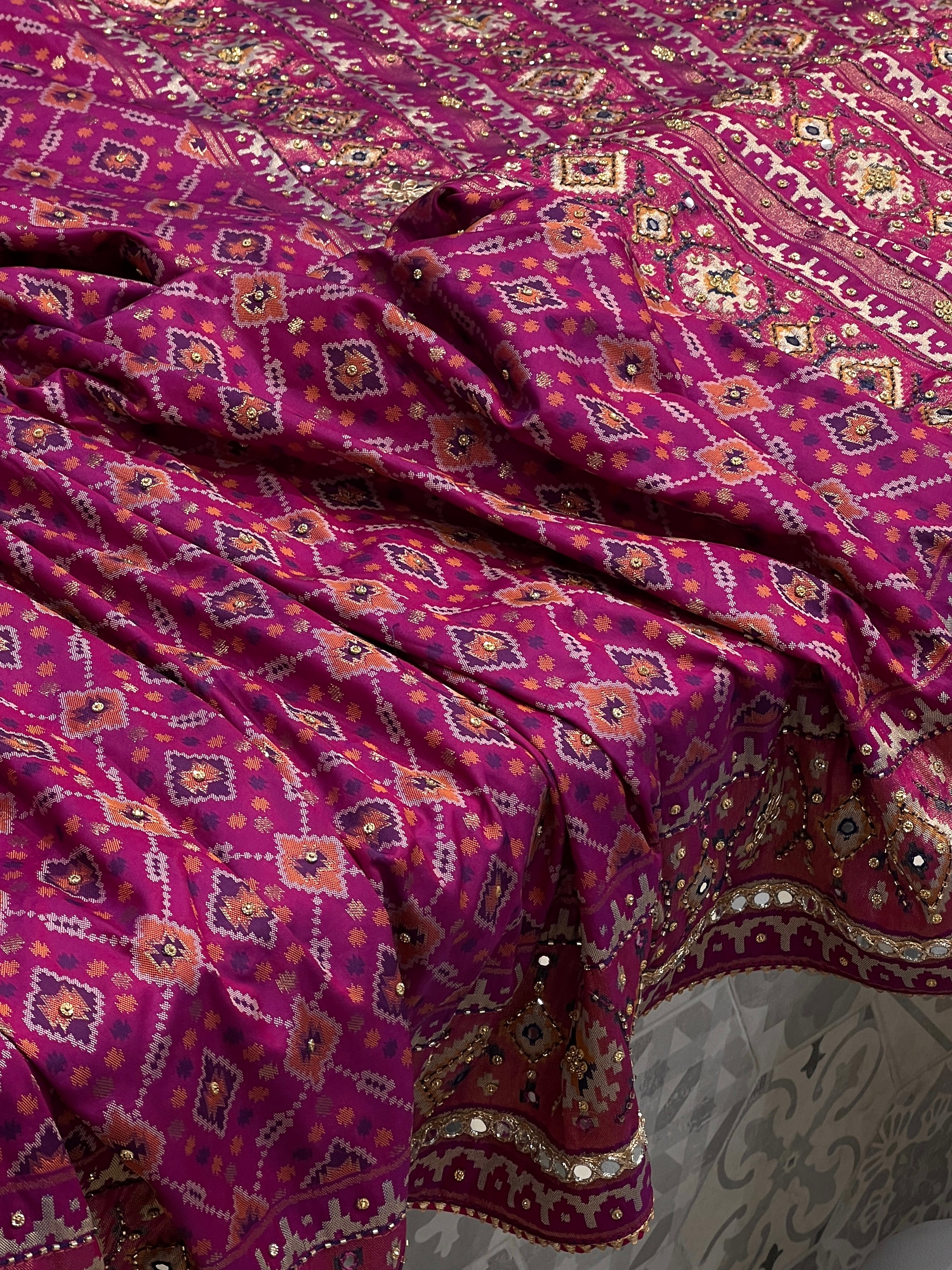 Wineish Purple Patola Hand Embroidery Saree