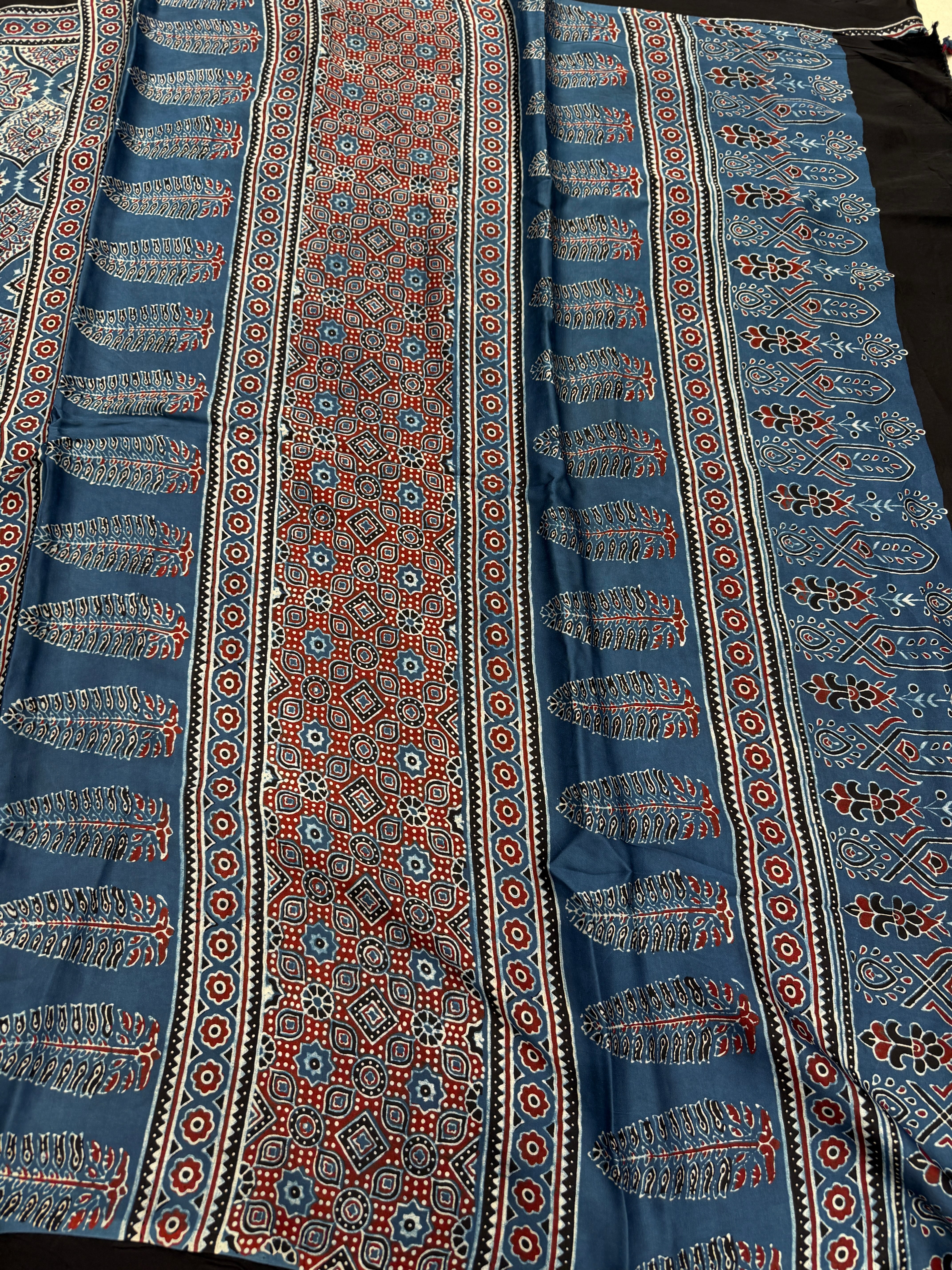 Blue Badam Ajrakh Hand Block Print Pure Gajji Silk Saree