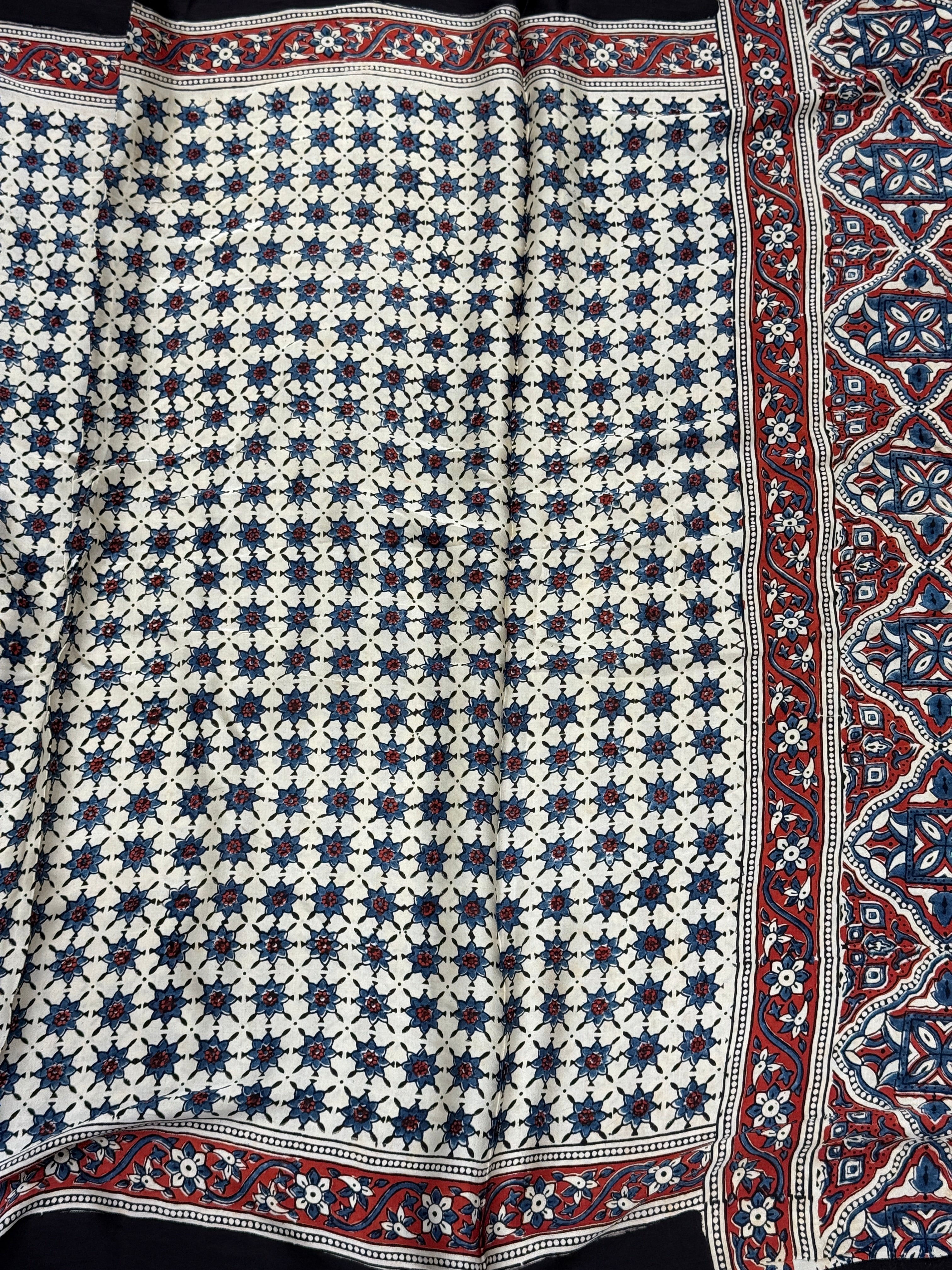 White Blue Star Modal Silk Ajrakh Saree