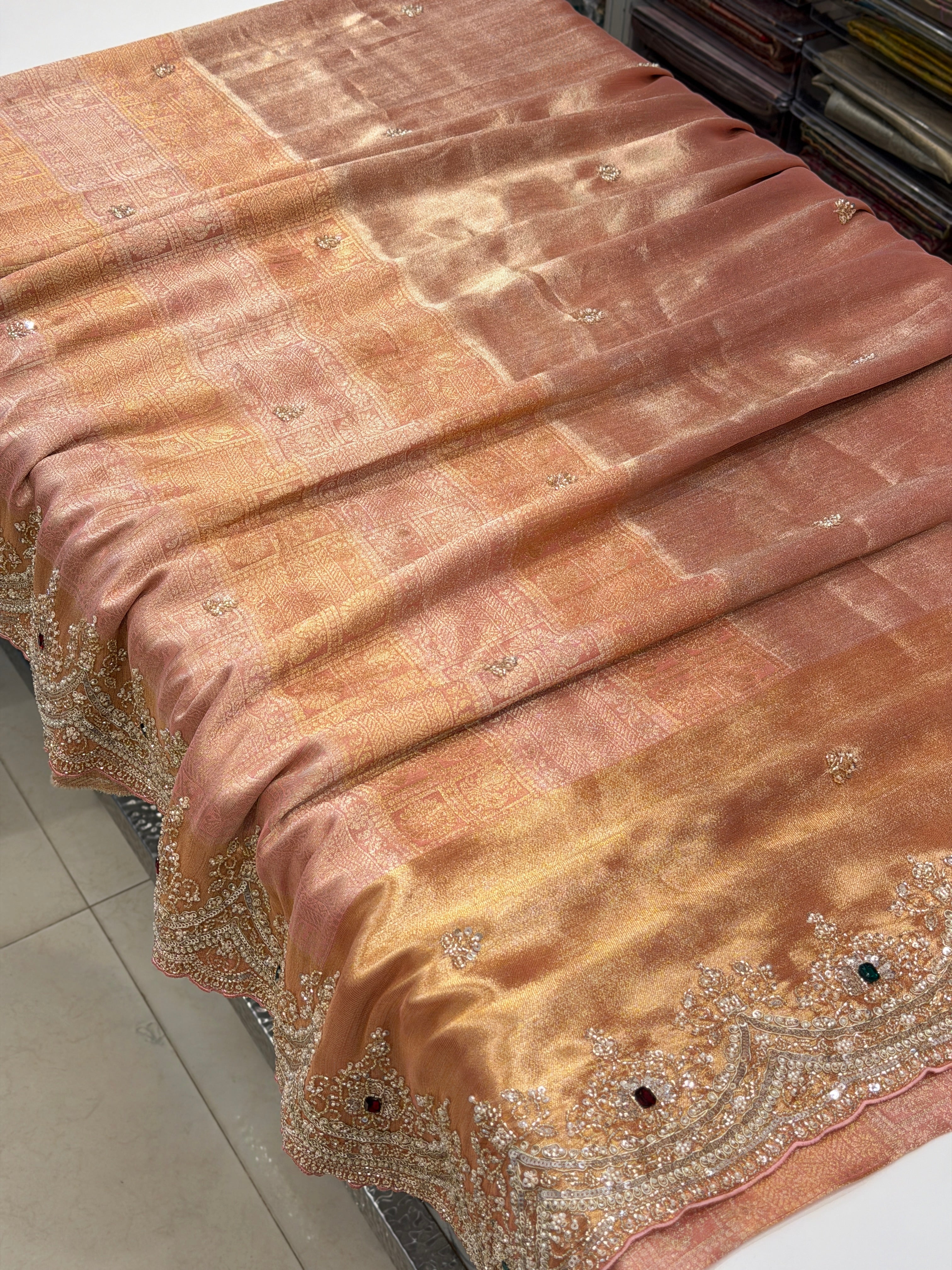 Pink Tissue Crepe Kanchi Style Weave Crystal Embroidery SareeMoti