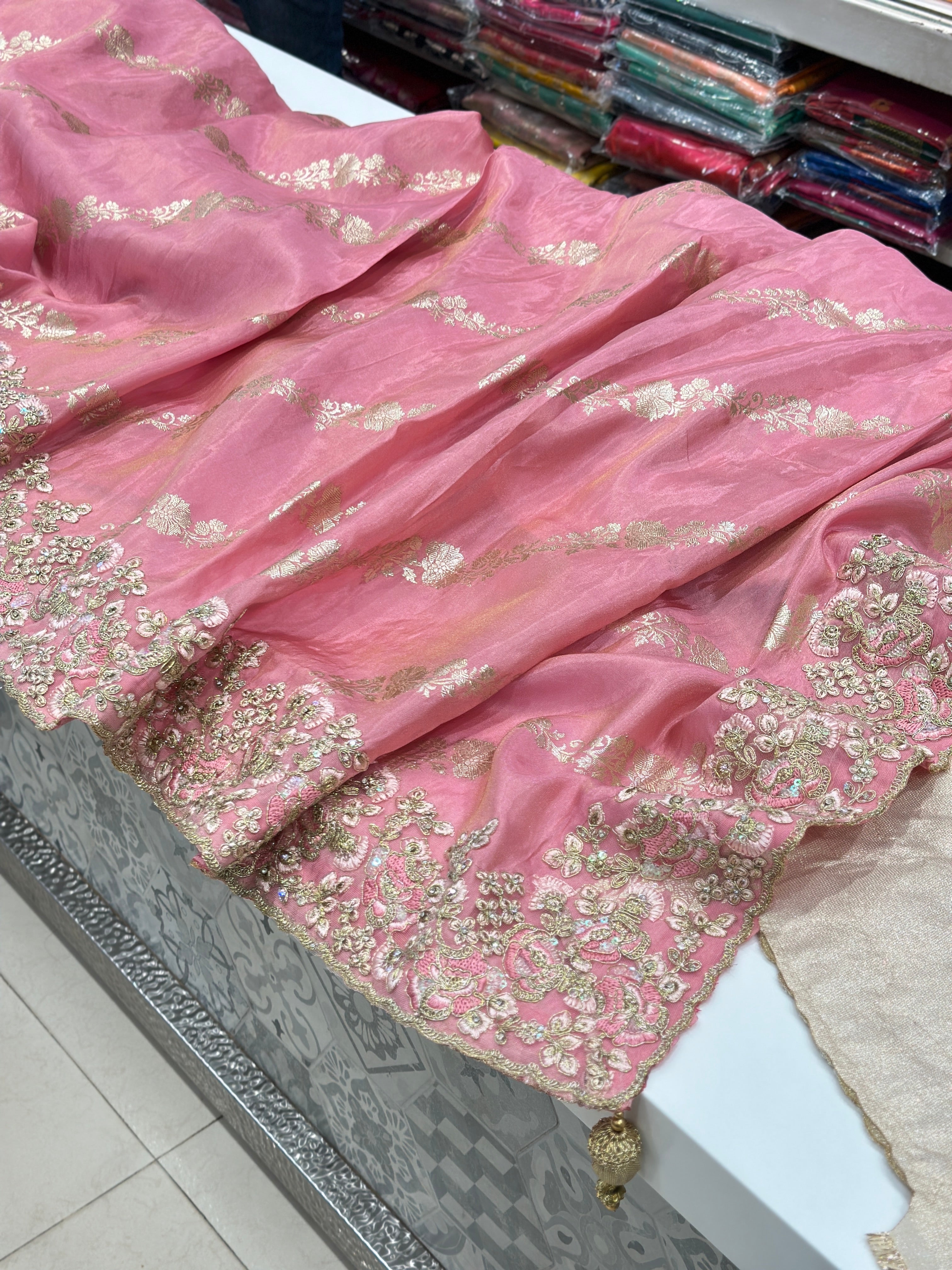 Pink Crepe Tissue Embroidery Saree
