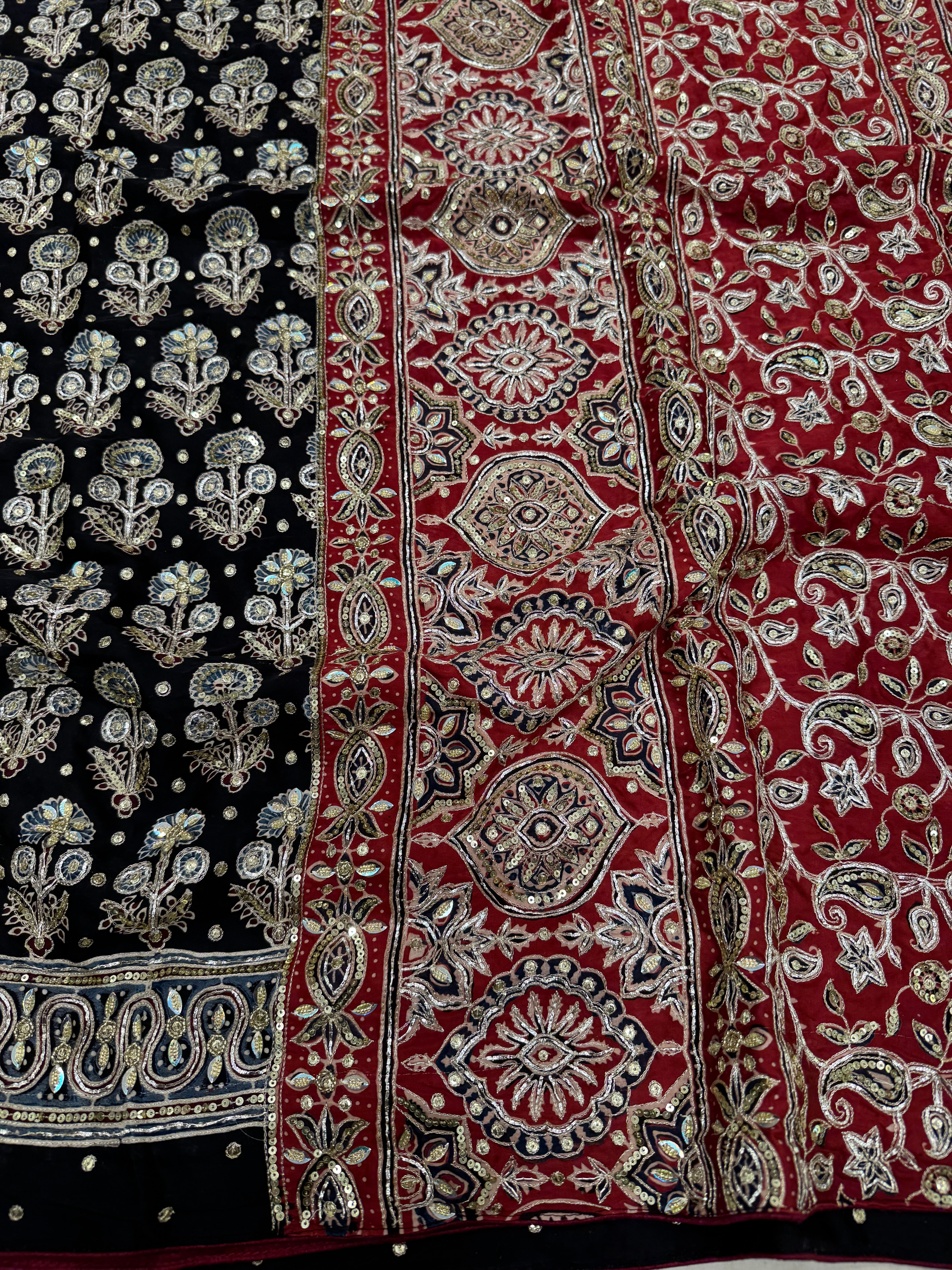 Black Floral Buttas Ajrakh Hand Embroidery Saree