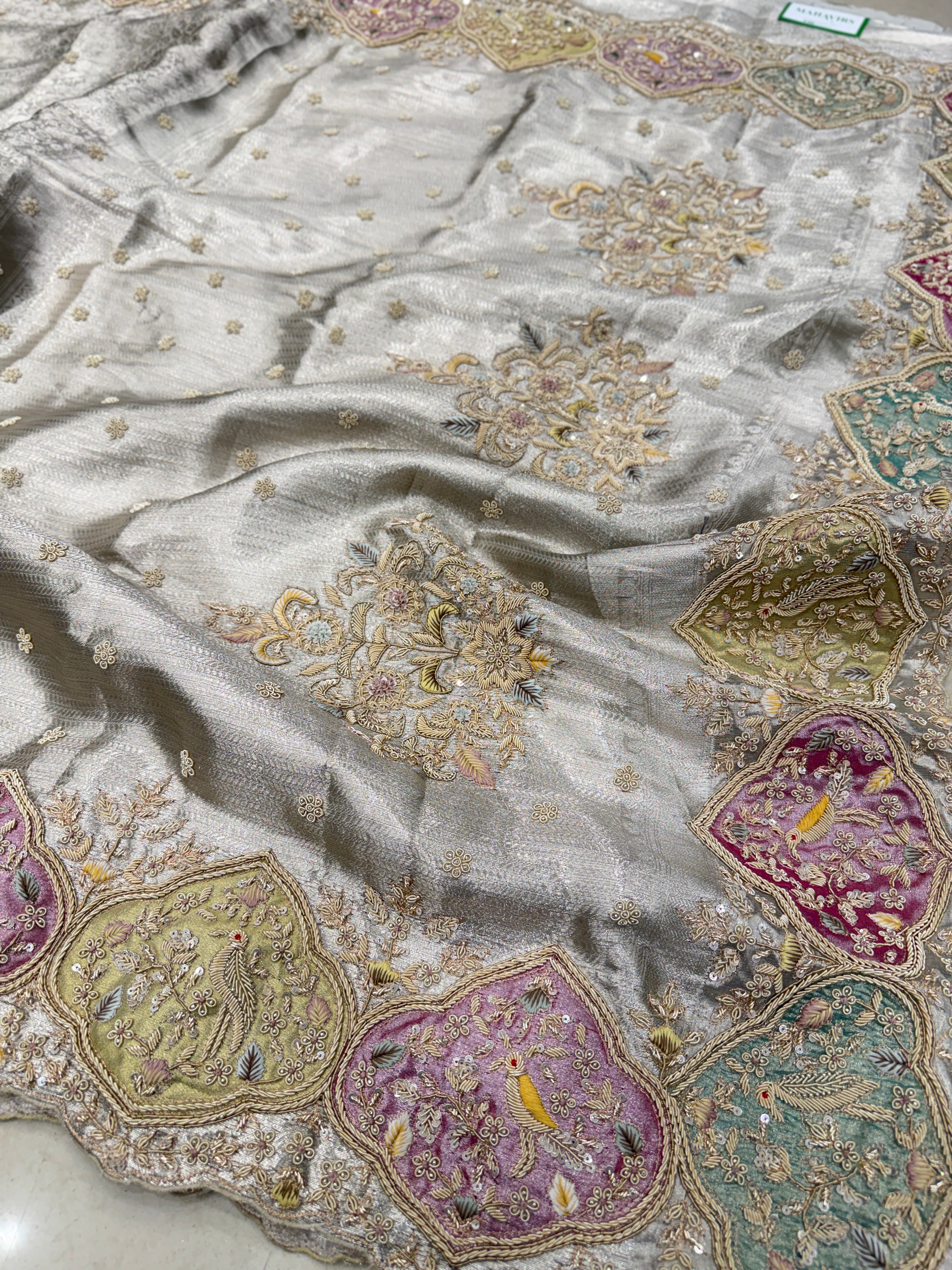 Silver Tissue Kanjivaram Zardosi Patch Work Hand Embroidery Saree