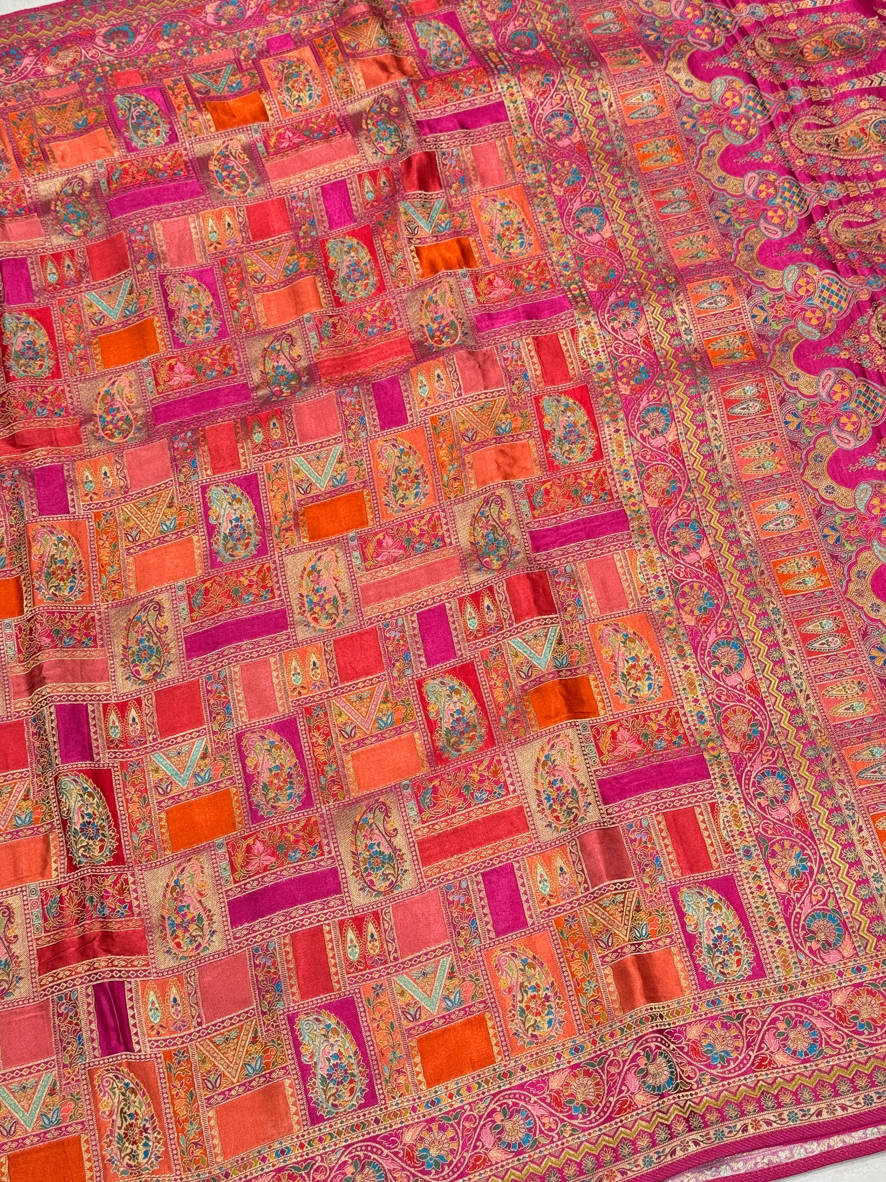 Orange Rani Banarasi Modal Rangkat Satin Checkered Silk Saree