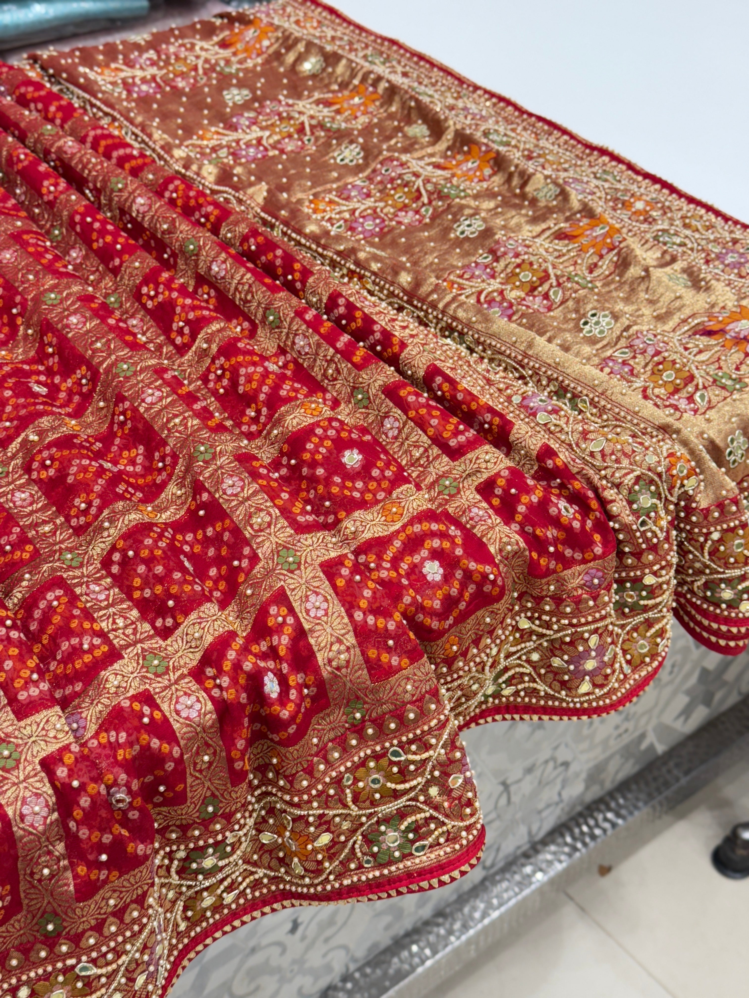 Red Gharchola Meenakari Moti Hand Embroidery Saree