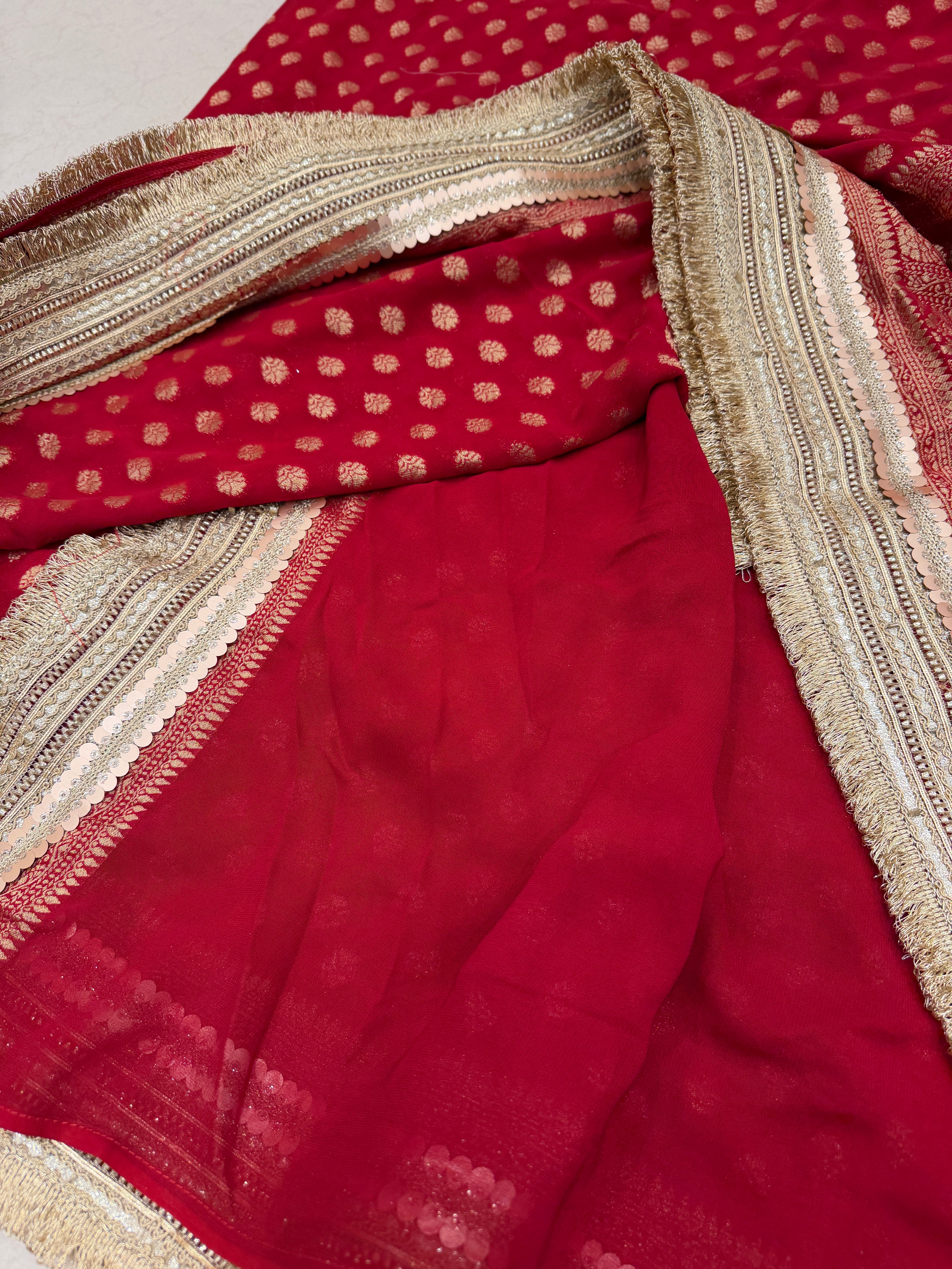 Red Banarasi Khaddi Georgette Buttis Maharani Lace Saree