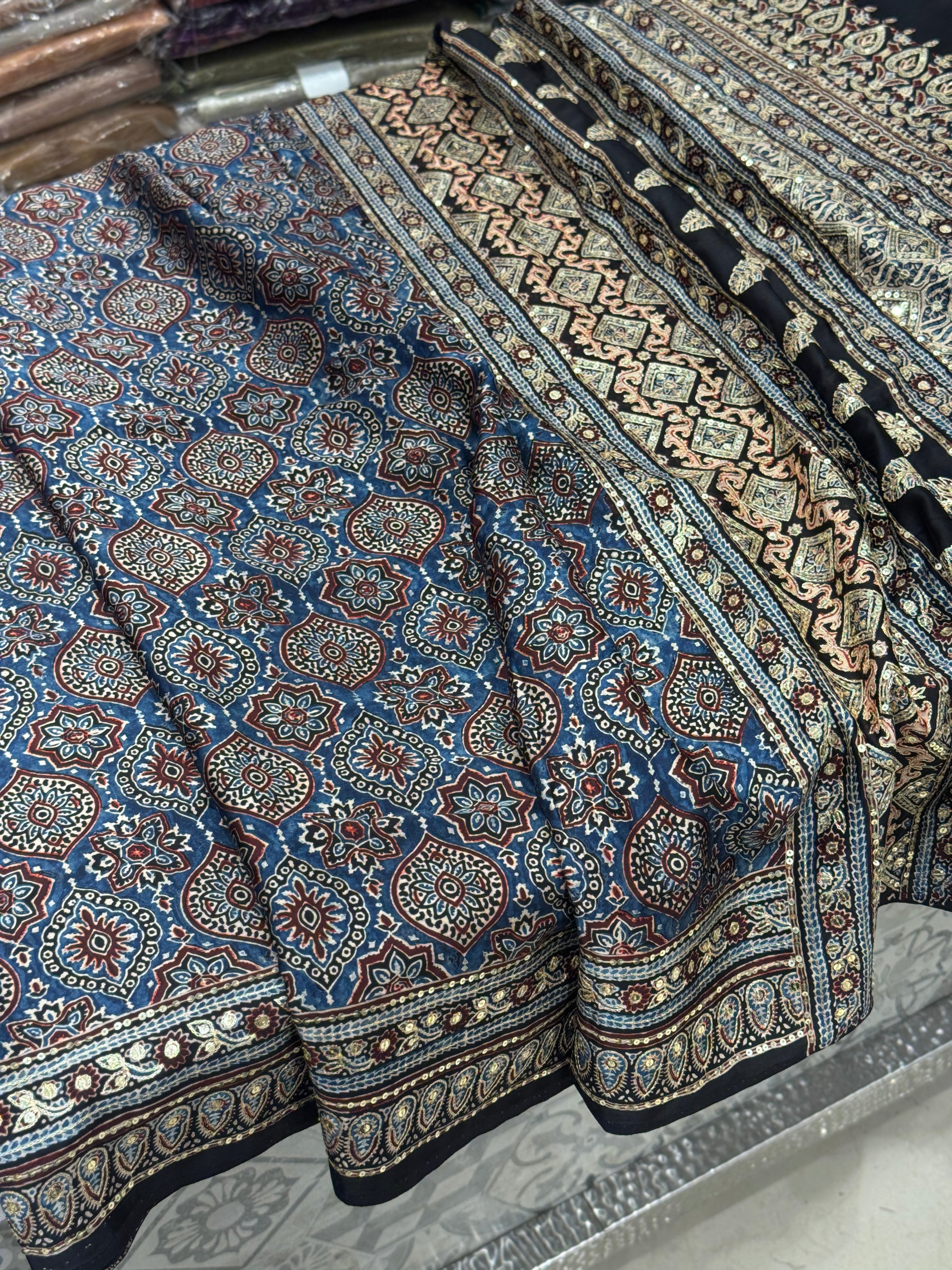 Blue Badam Jaal Pita Sequin Ajrakh Hand Embroidery Saree