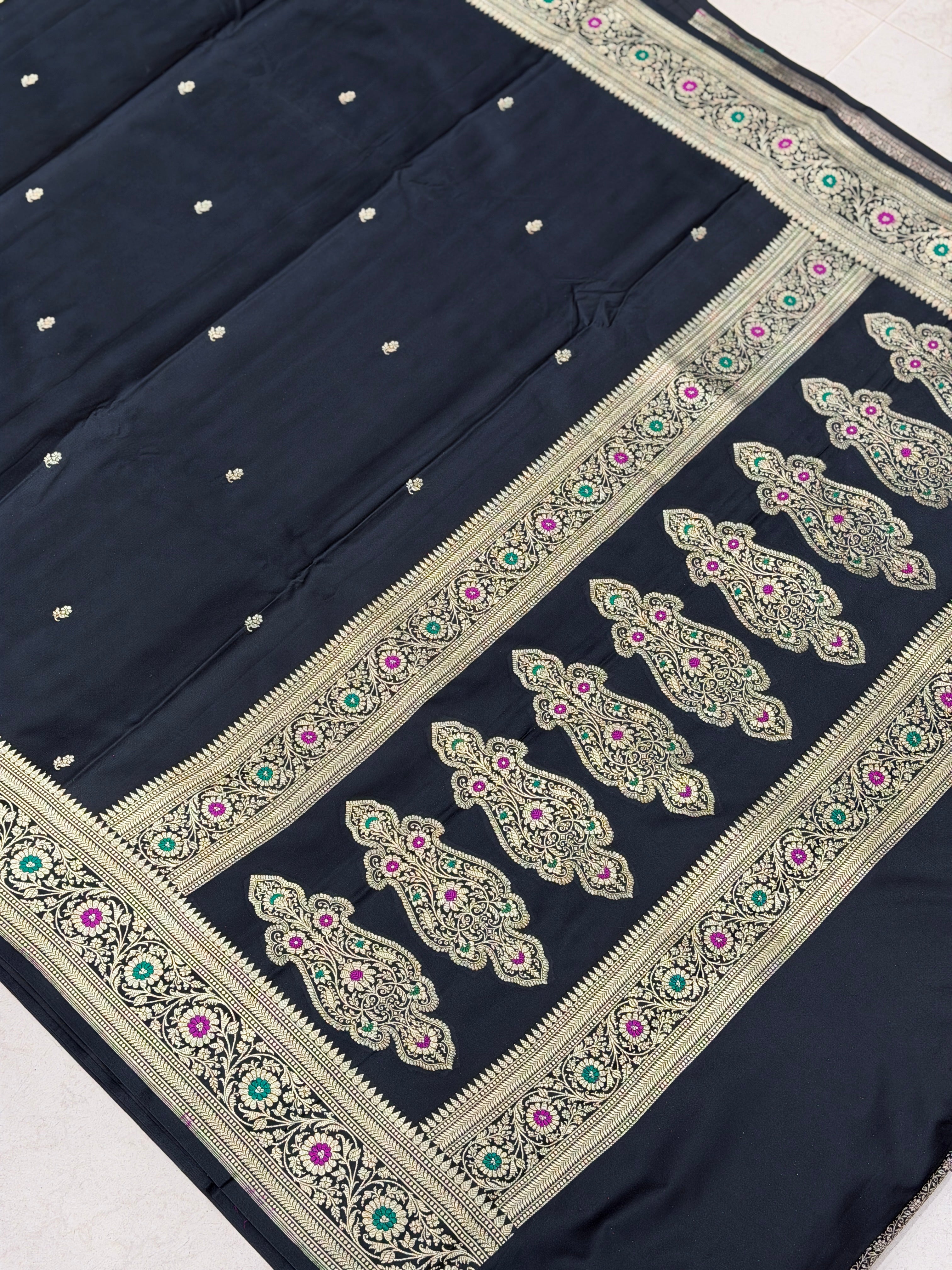 Black Banarasi Silk Floral Buttis Meenakari Border Silk Saree
