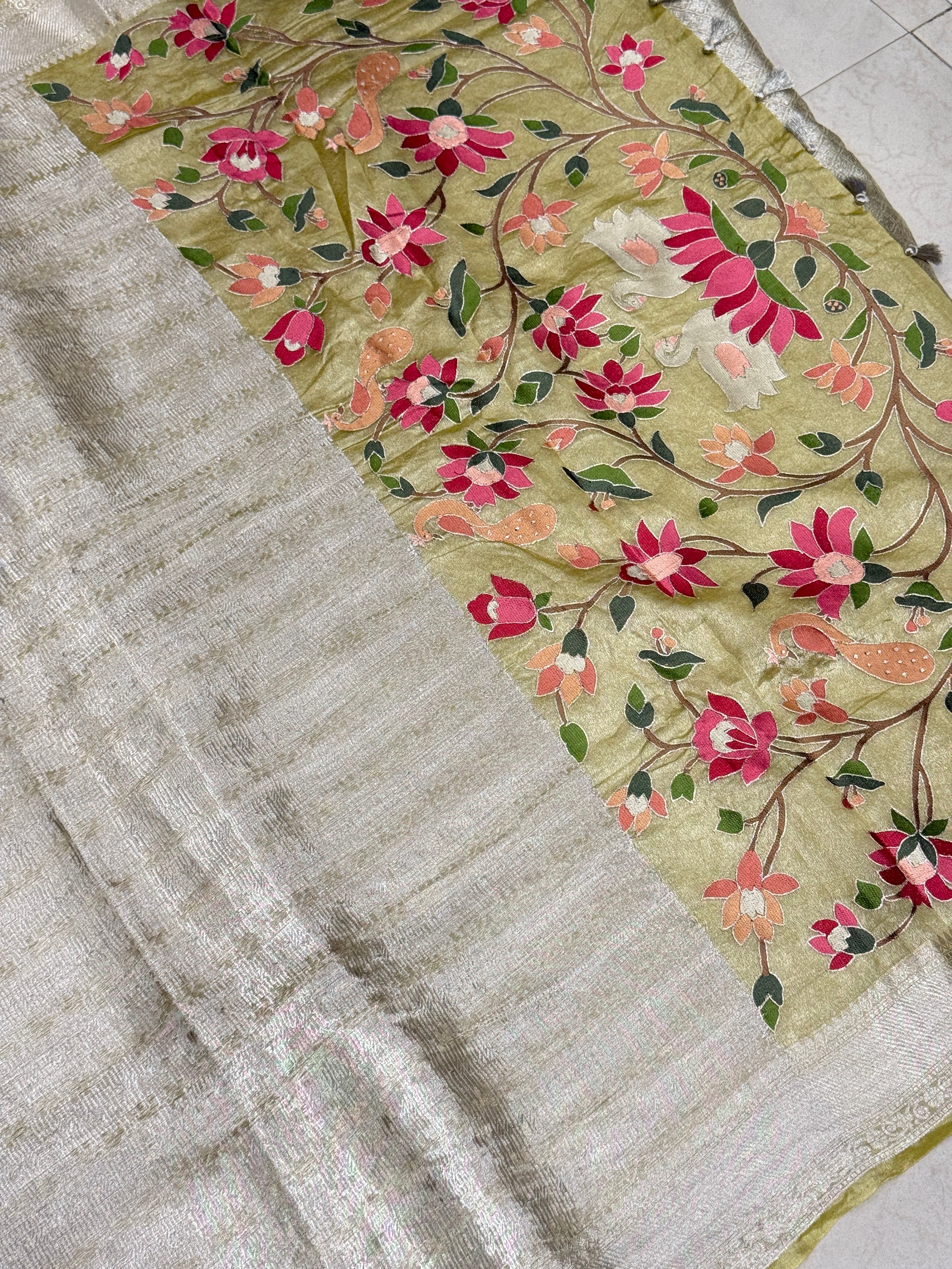 Yellow Silver Handloom Tissue Swans Contemporary Resham Embroidery Saree
