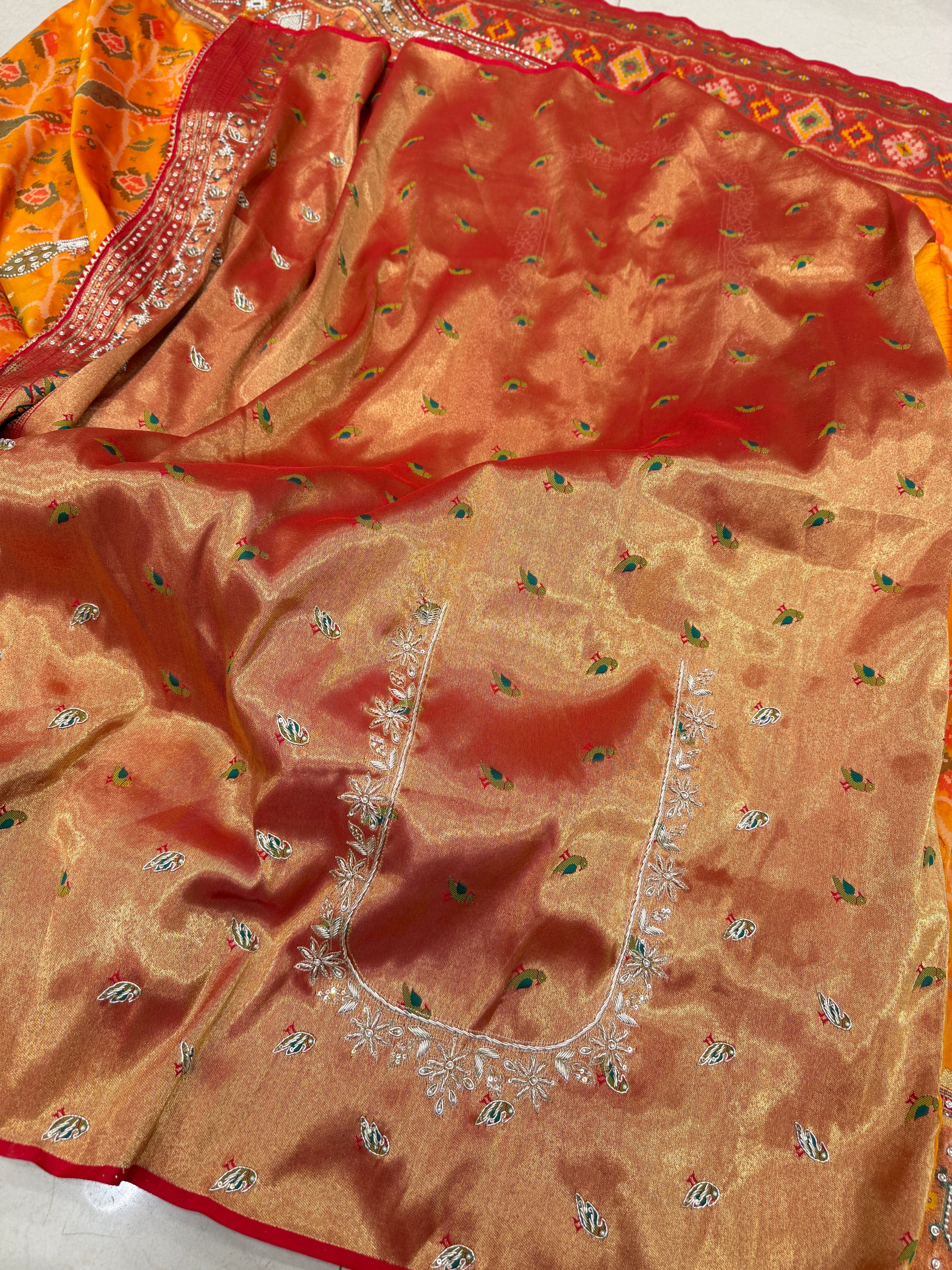 Rust Orange Patola Peacock Motif Zardosi Hand Embroidery Saree