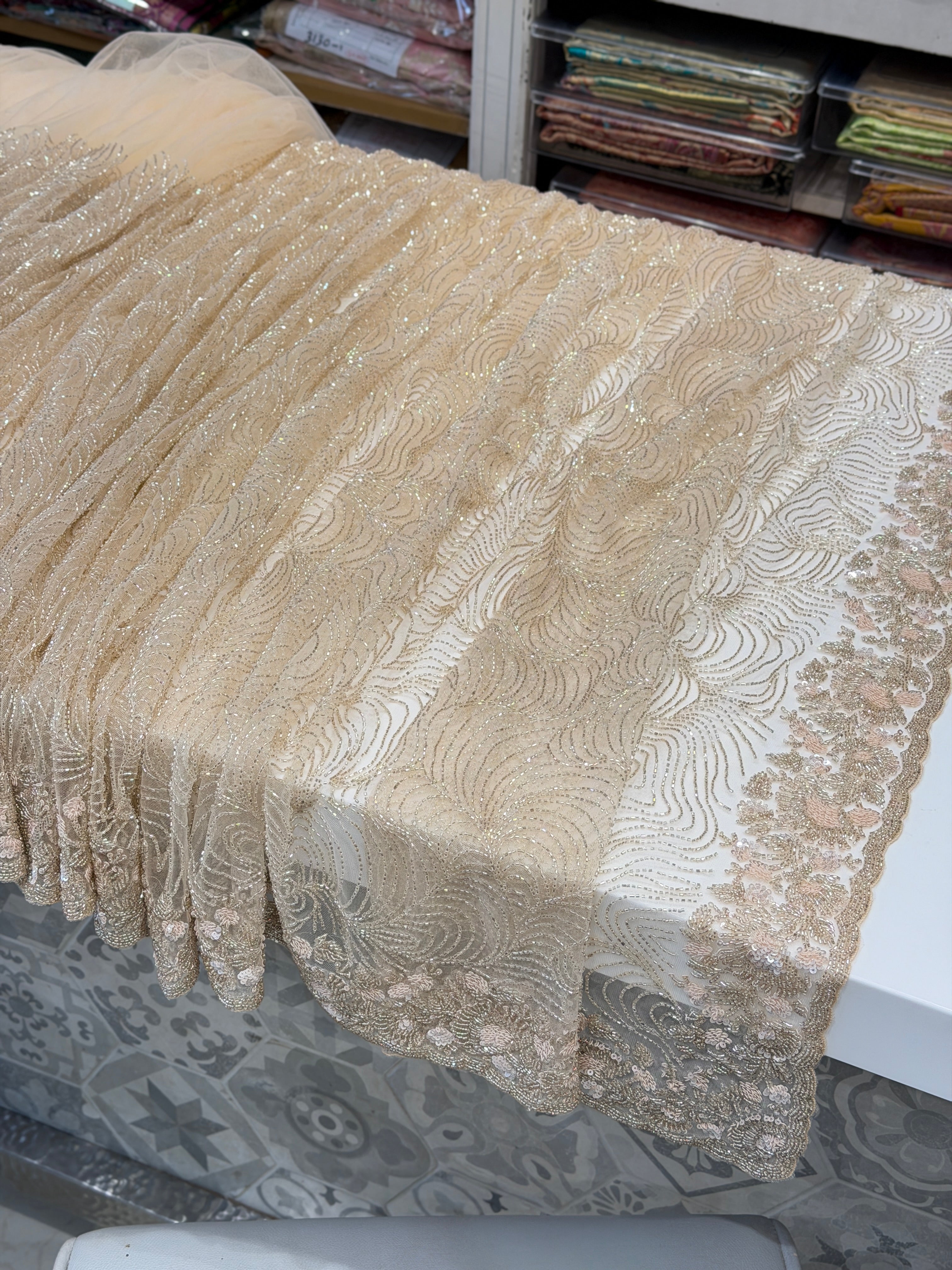 Nude Net Hand Embroidery Zardosi Moti Knot Work Saree