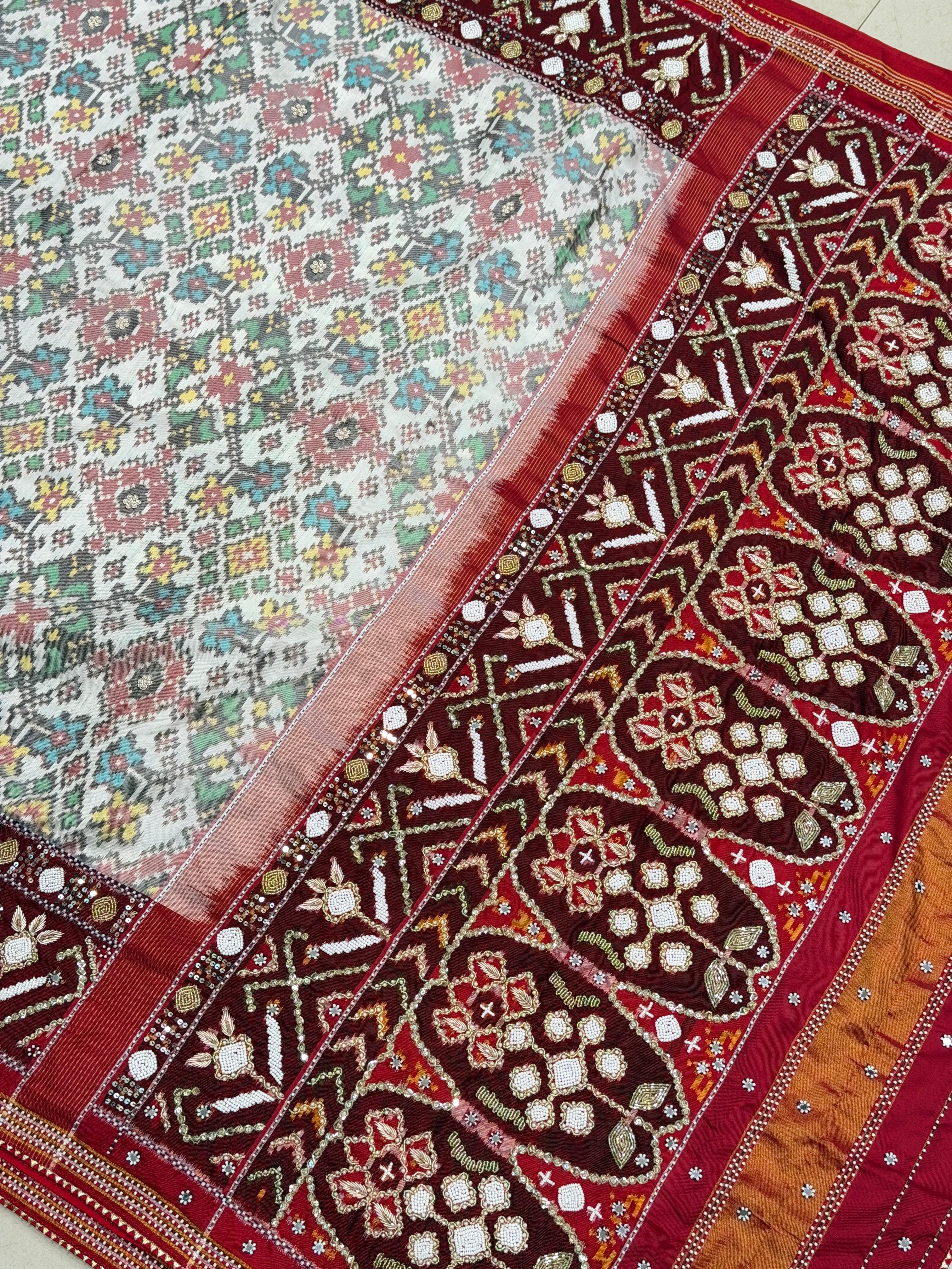 White Red Heavy Blouse Patan Patola Hand Embroidery Kidiya Moti Zardosi Saree