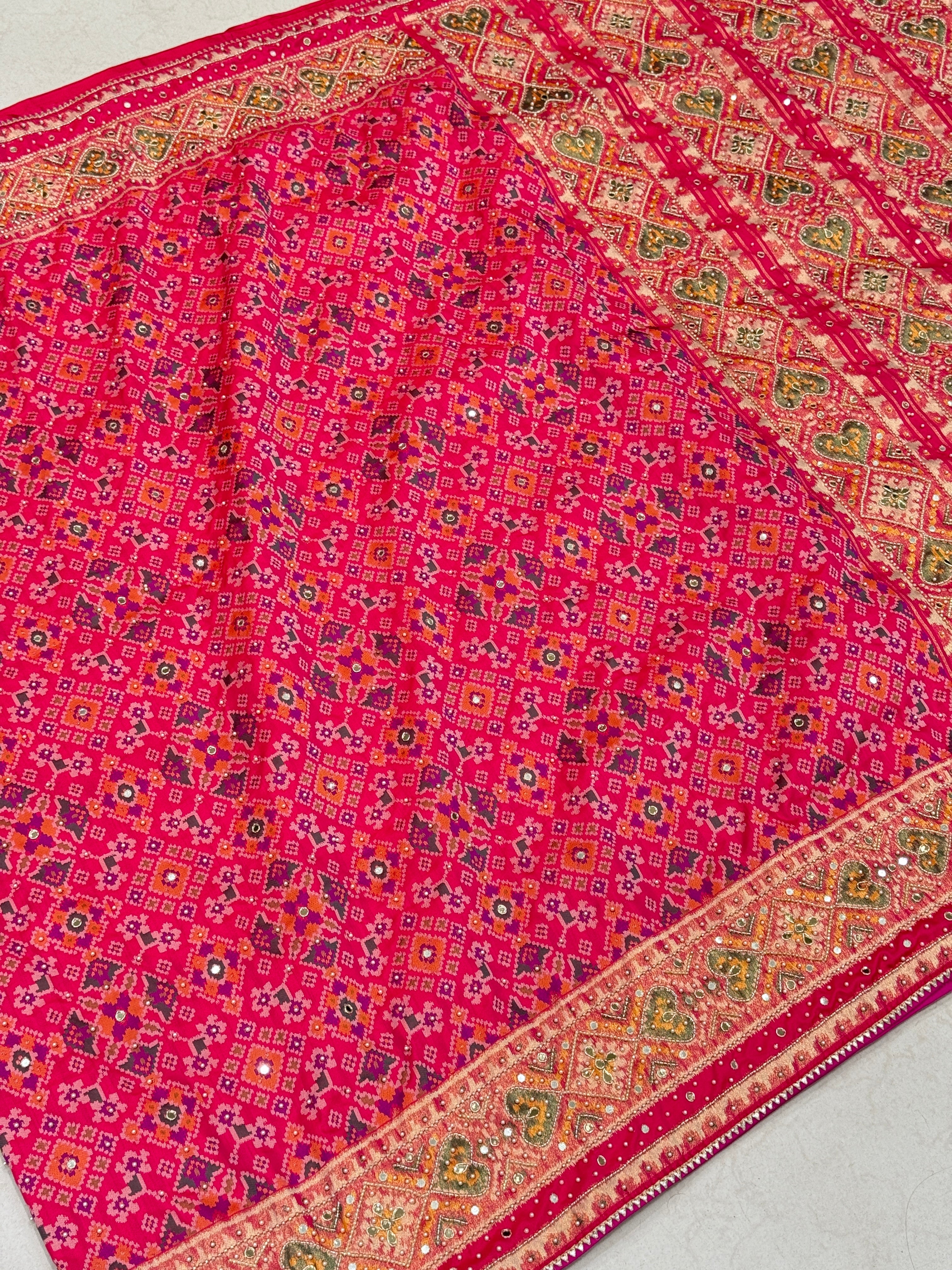 Rani Patola Moti Kutchi Embroidered Saree