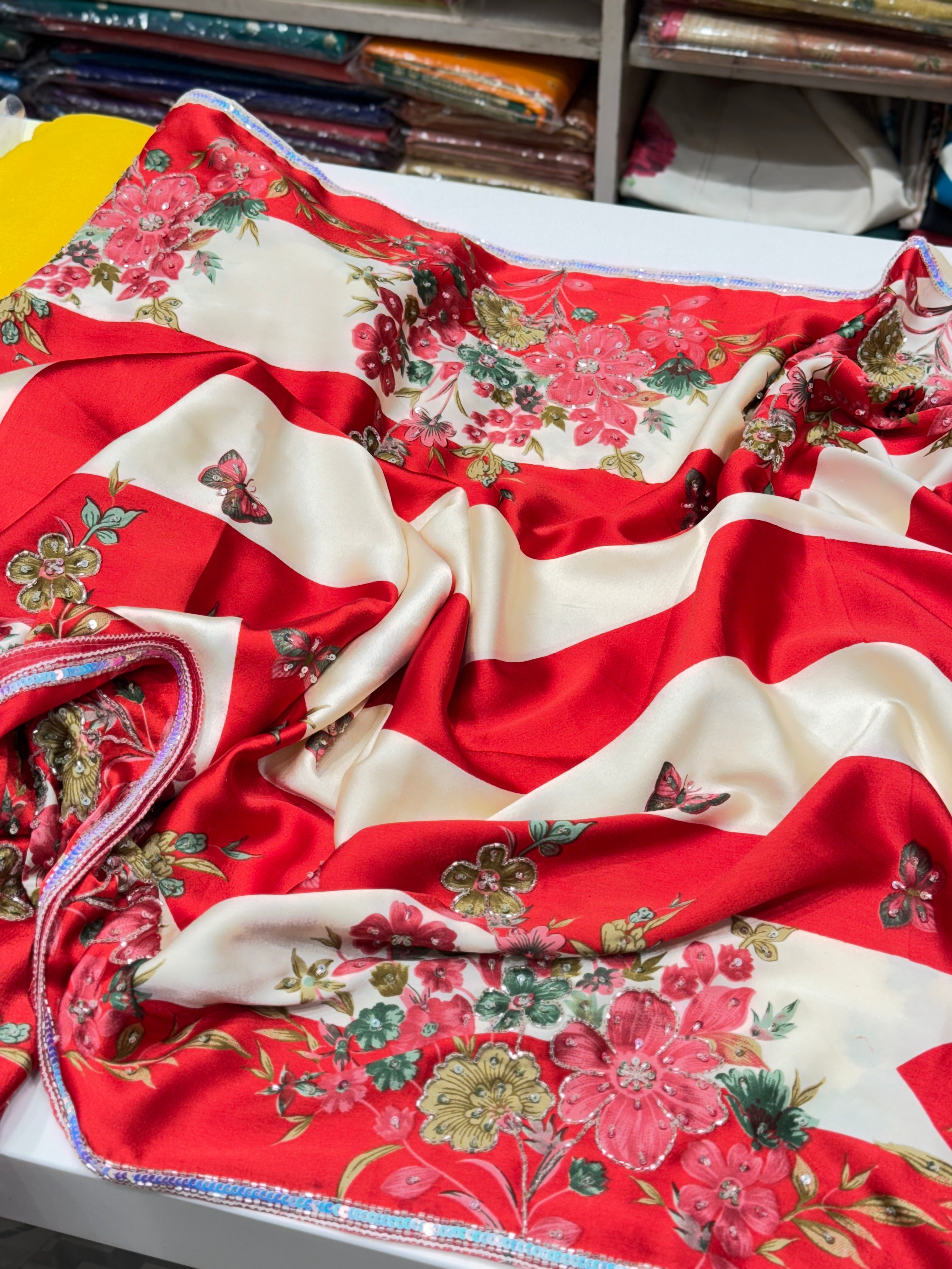 Trisha Krishnan Inspired Red Satin Hand Embroidery Saree