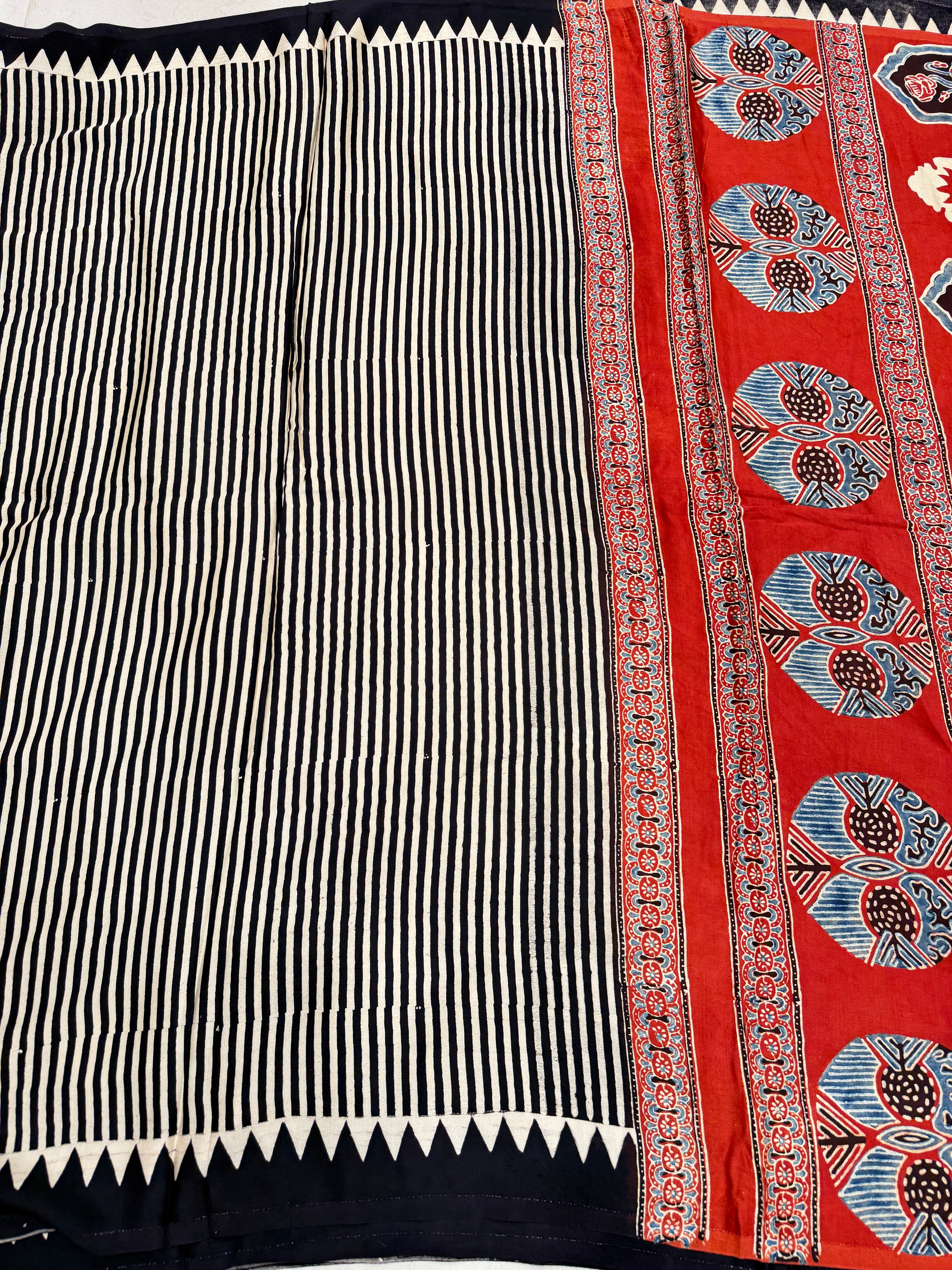 Black Red Contemporary Ajrakh Hand Block Print Pure Gajji Silk Saree