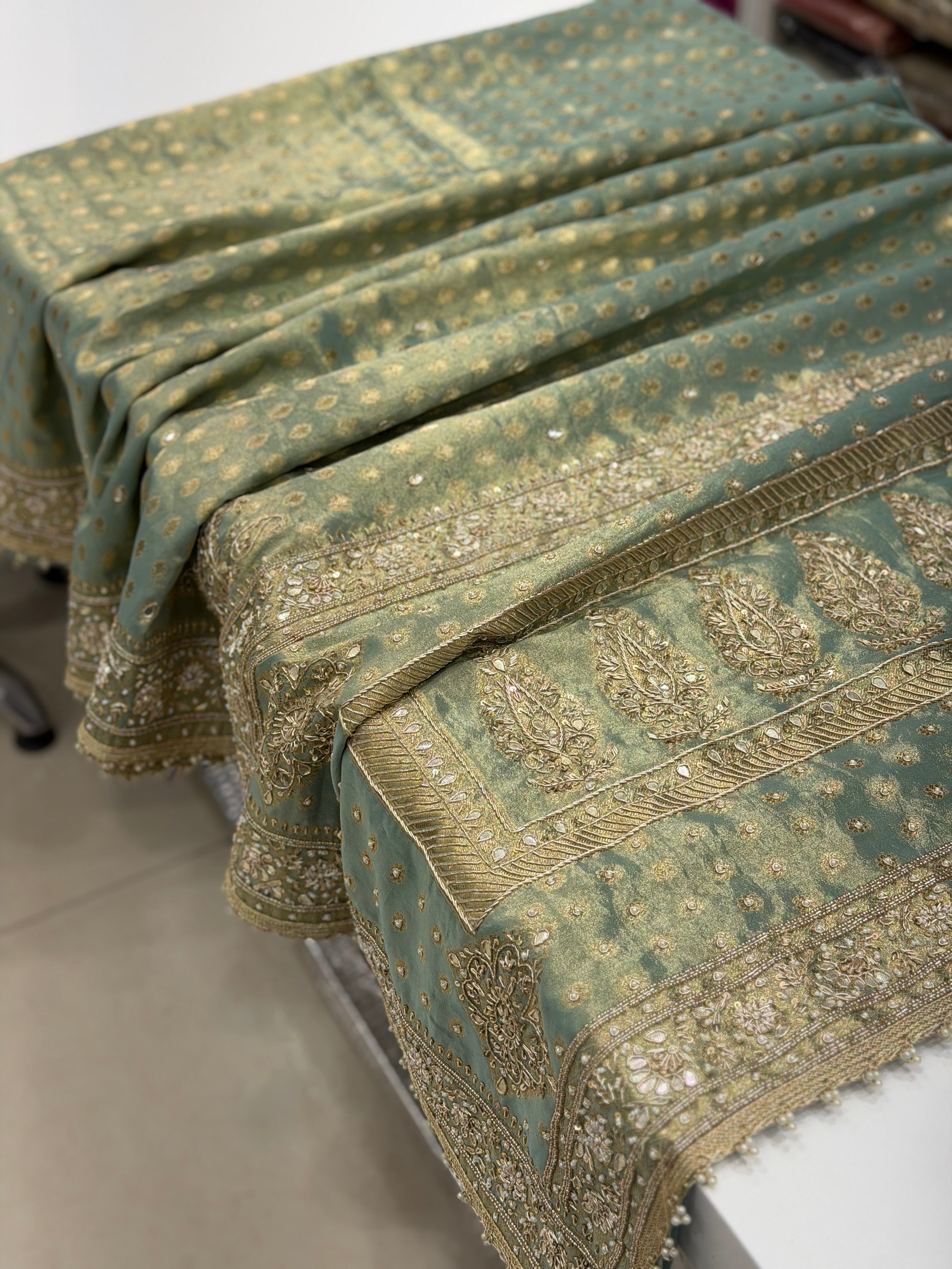 Sea Green Tissue Banarasi Buttis Zardosi Embroidery Saree