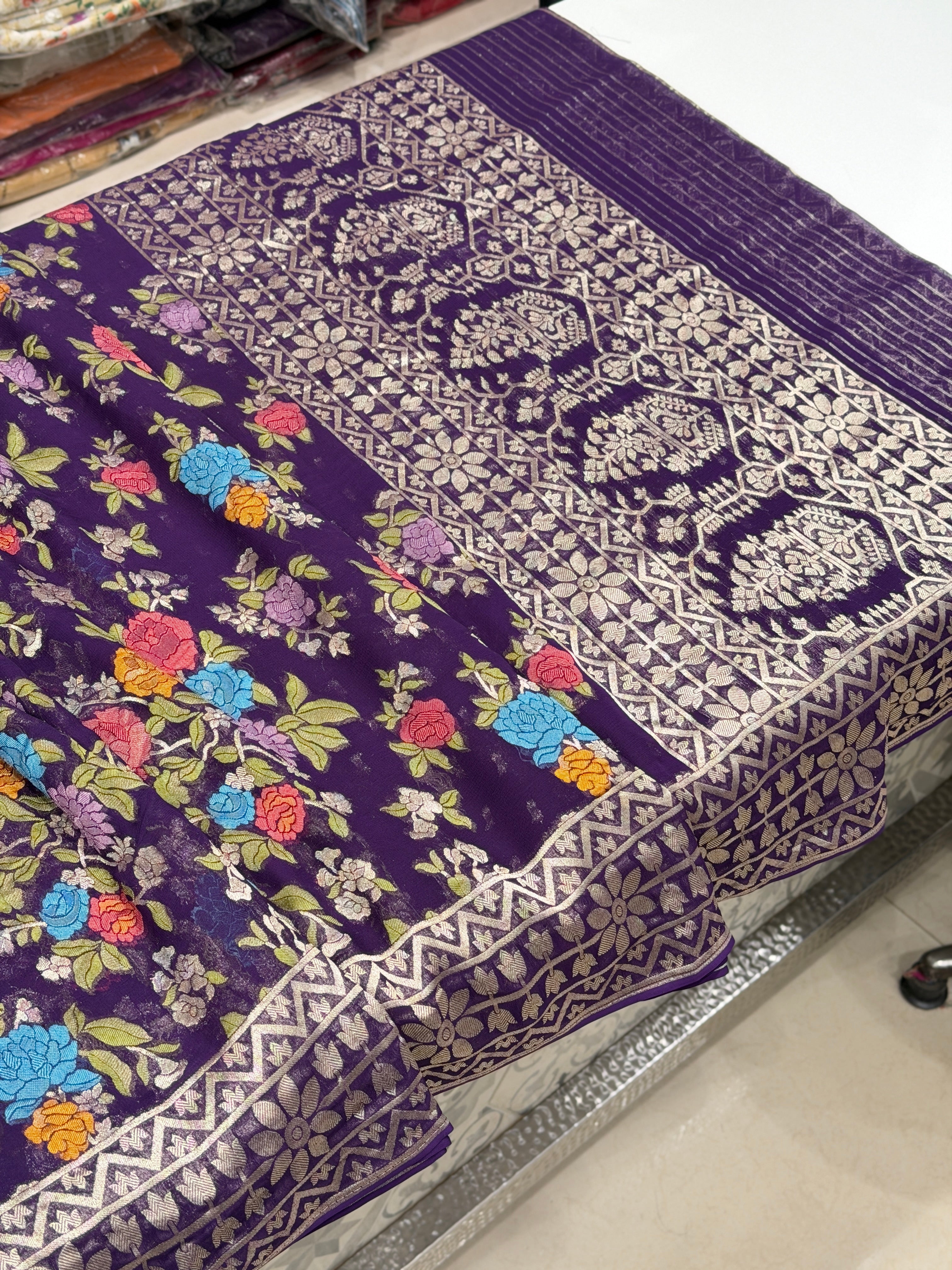 Violet Meenakari Floral Banarasi Khaddi Georgette Saree