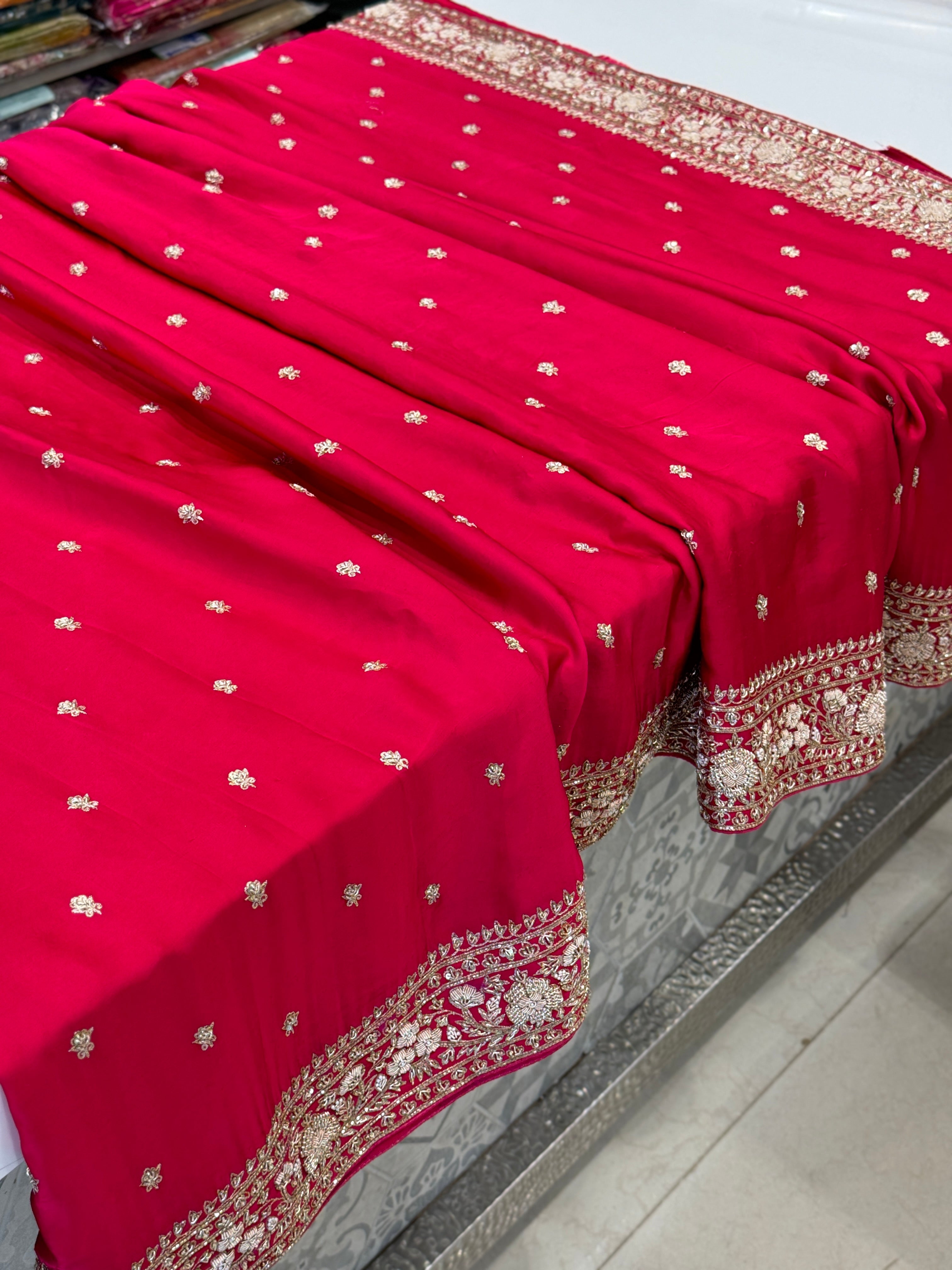 Rani Pink Buttis Satin Hand Embroidery Zardosi Saree