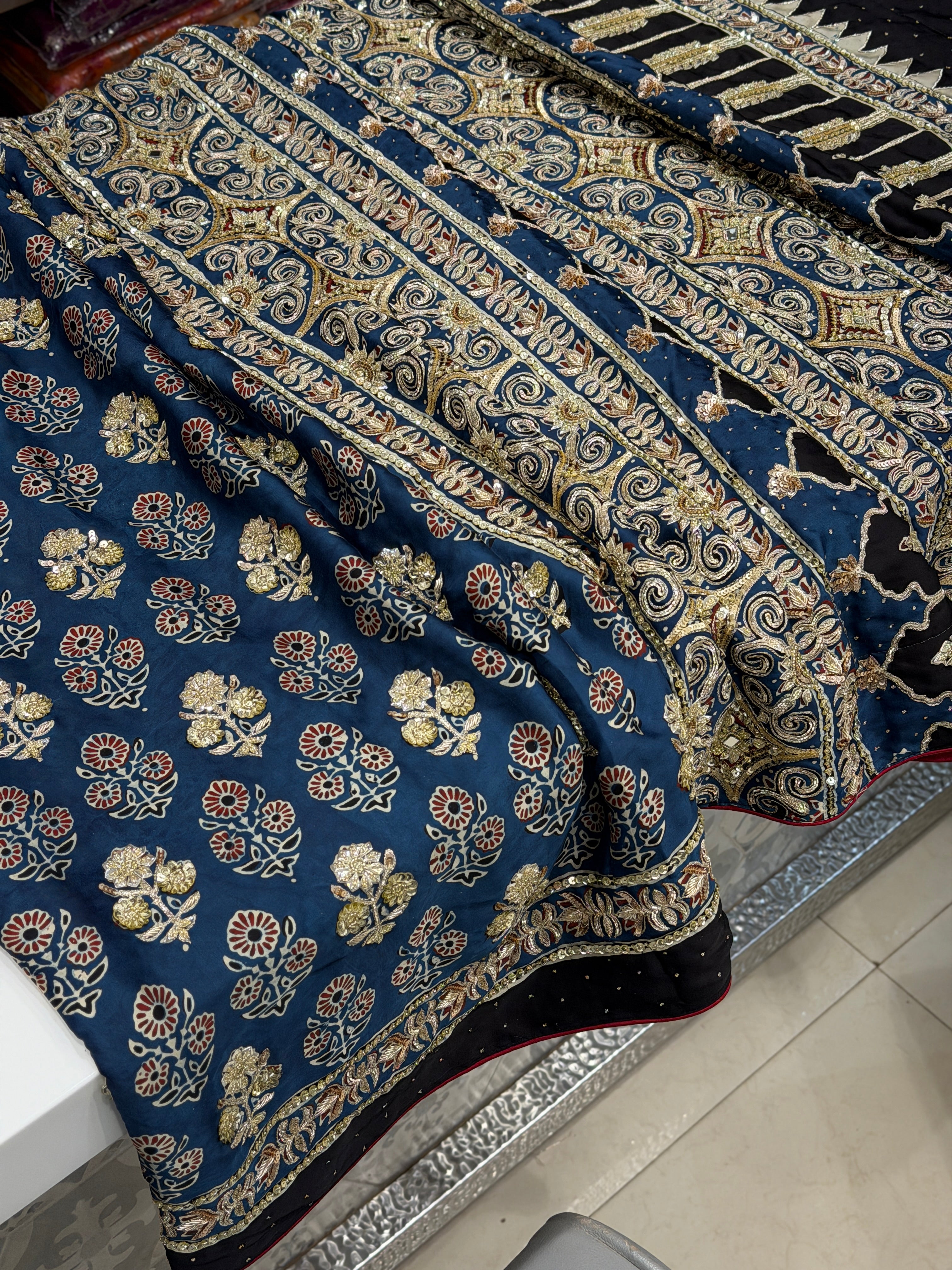 Blue Buttas Pita Zardosi Sequin Ajrakh Hand Embroidery Saree