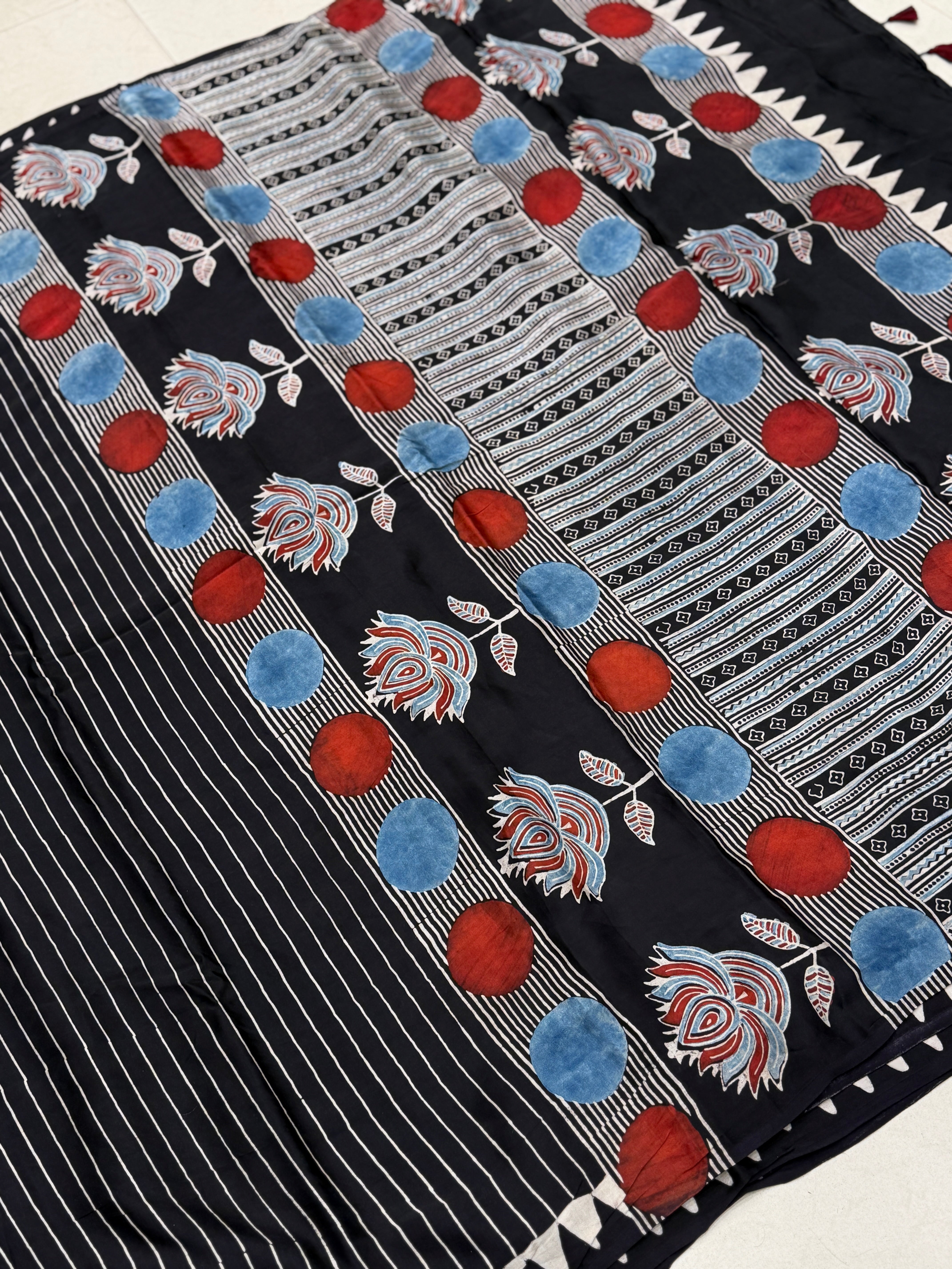 Black Contemporary Floral Pallu Ajrakh Hand Block Print Pure Gajji Silk Saree