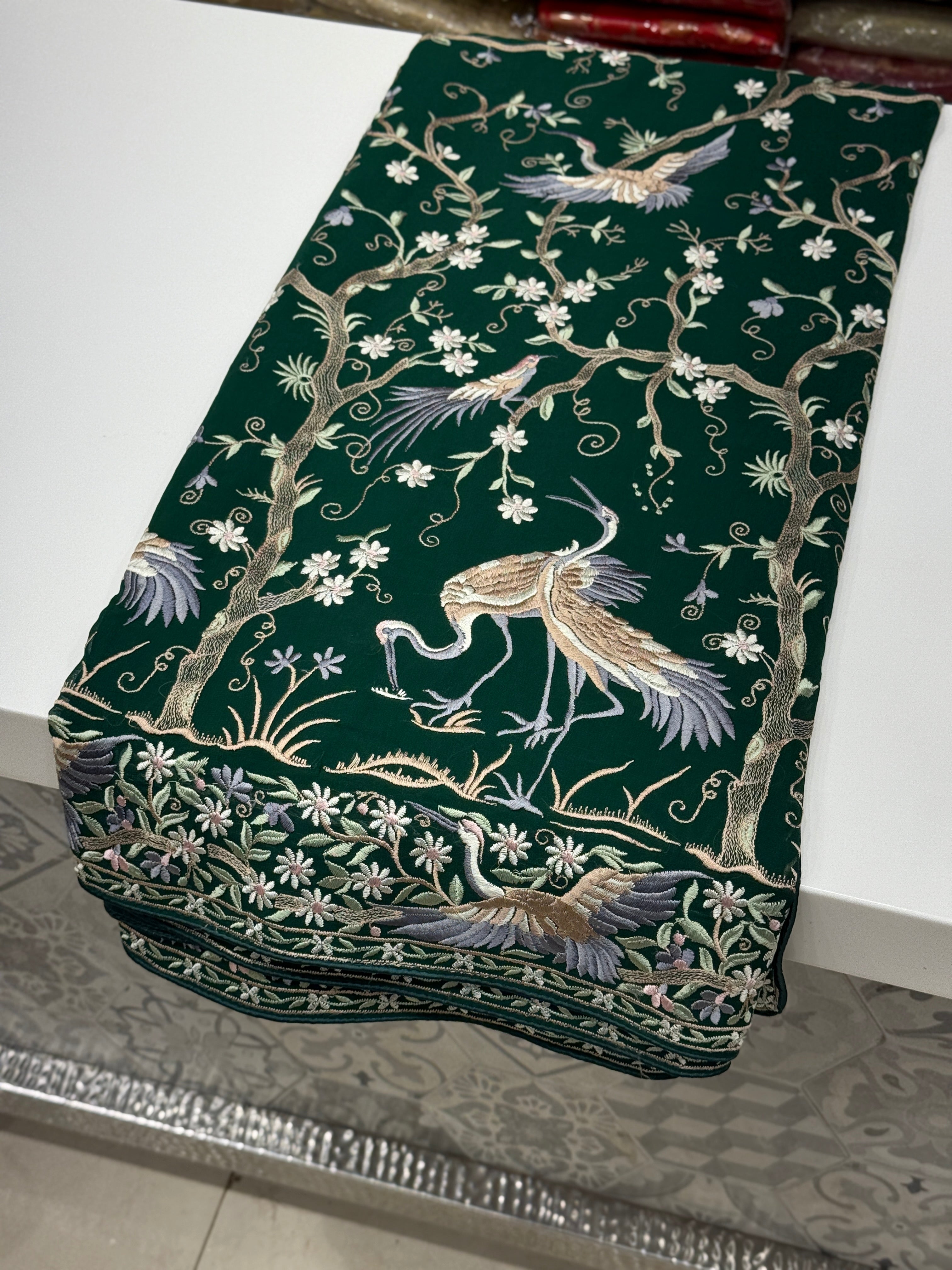 Bottle Green Tree Of Life Flamingo Parsi Gara Saree